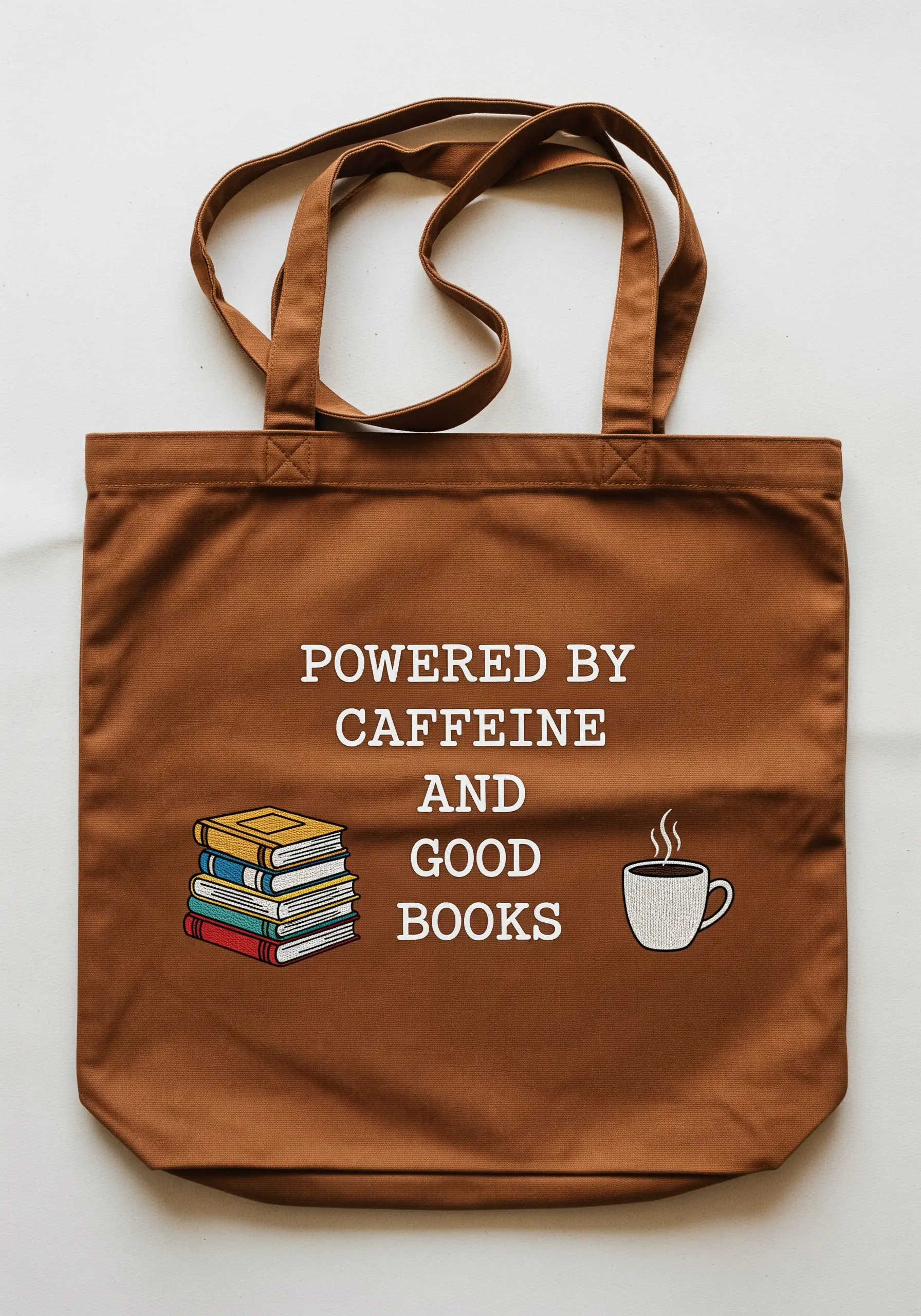 Embroidery of a stack of books and a coffee cup with the text 'Powered by Caffeine and Good Books'.