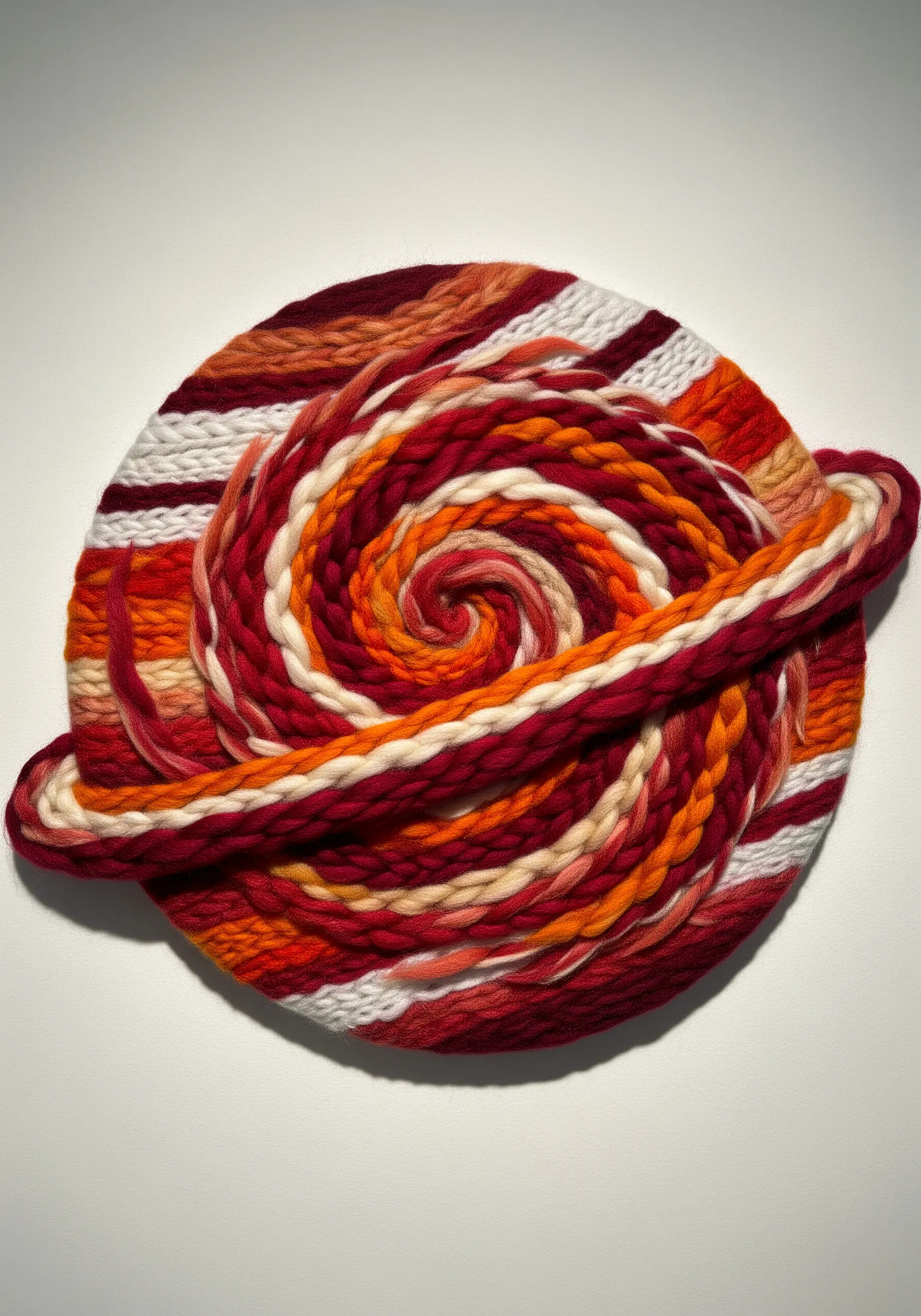 A round, woven planet made with thick red, orange, and white yarn, with a braided ring.