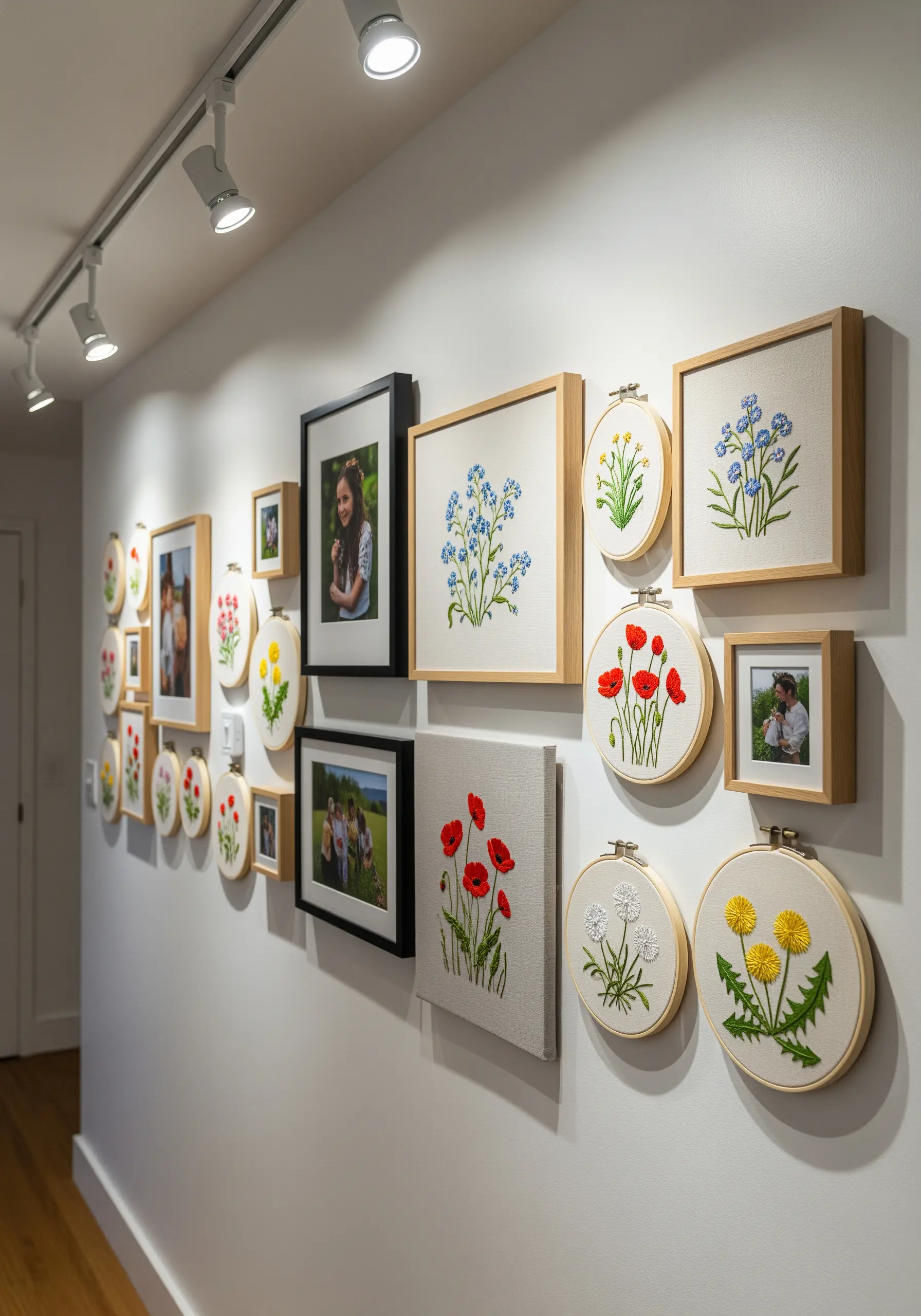 A gallery wall featuring a mix of framed photos and embroidered floral hoops of various sizes.