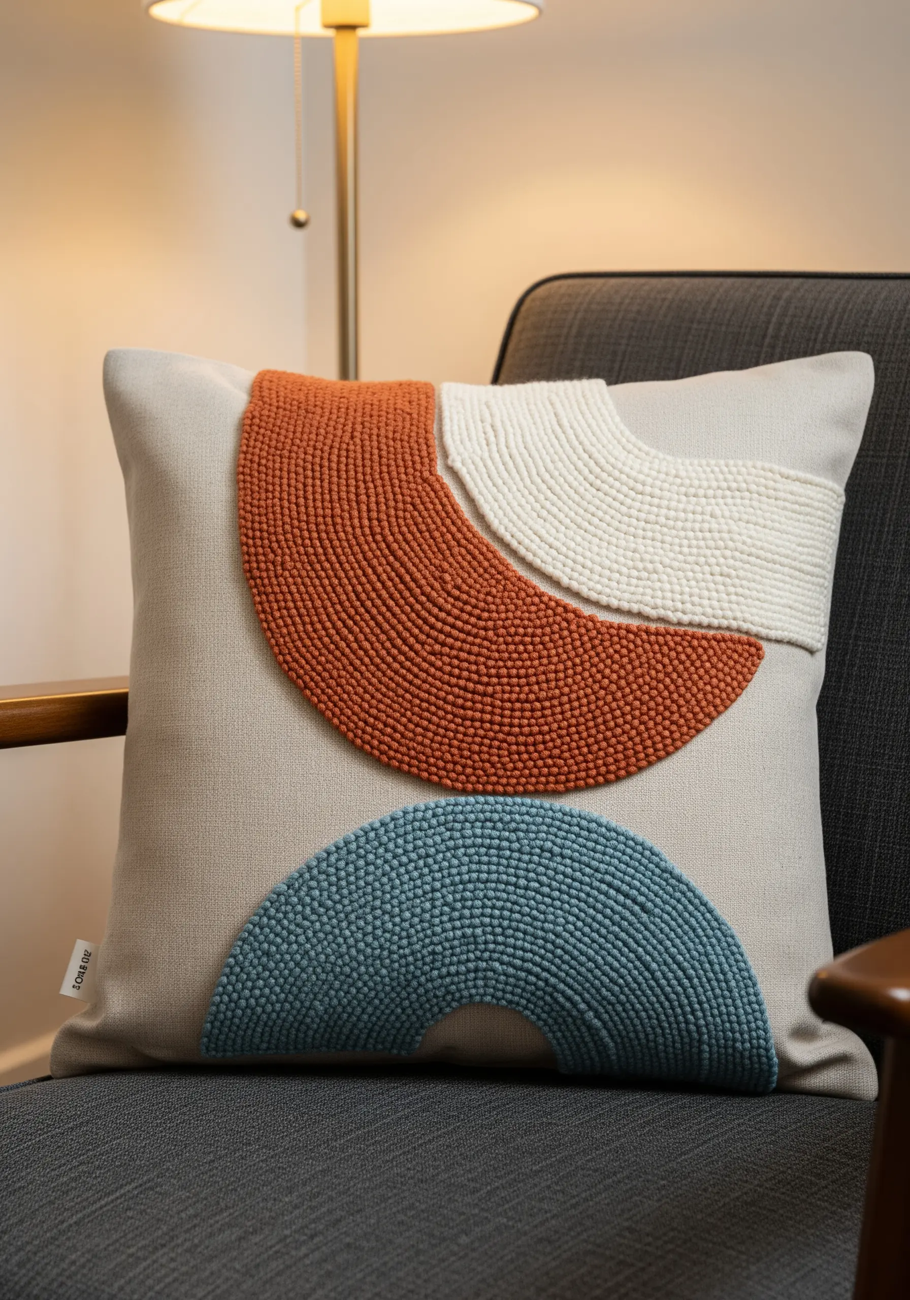 A throw pillow with abstract color-blocked shapes filled with dense, textured embroidery.