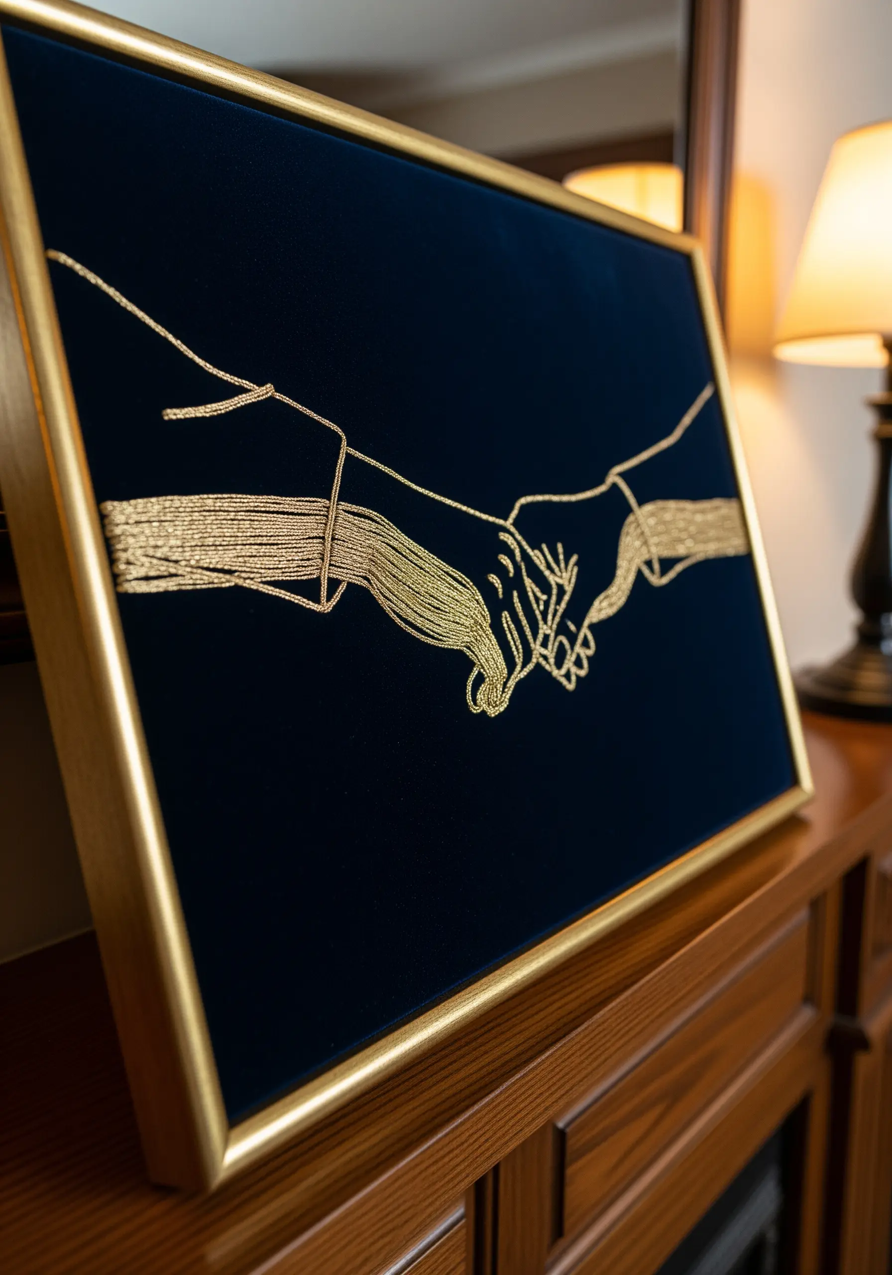 Abstract gold metallic threads flowing into outlined hands on a dark blue velvet canvas.