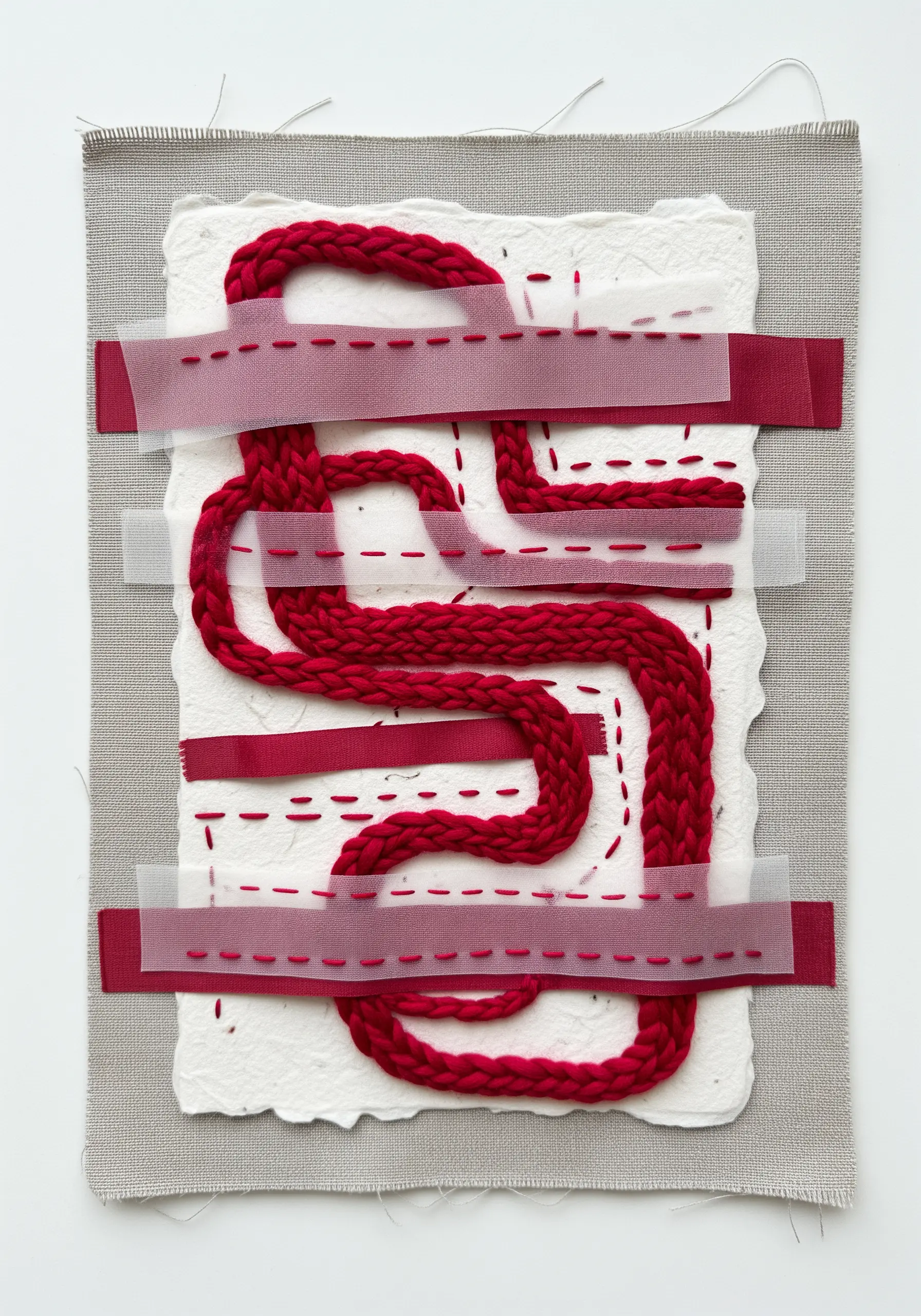 Abstract artwork with thick red braided yarn couched onto handmade paper and overlaid with ribbon.
