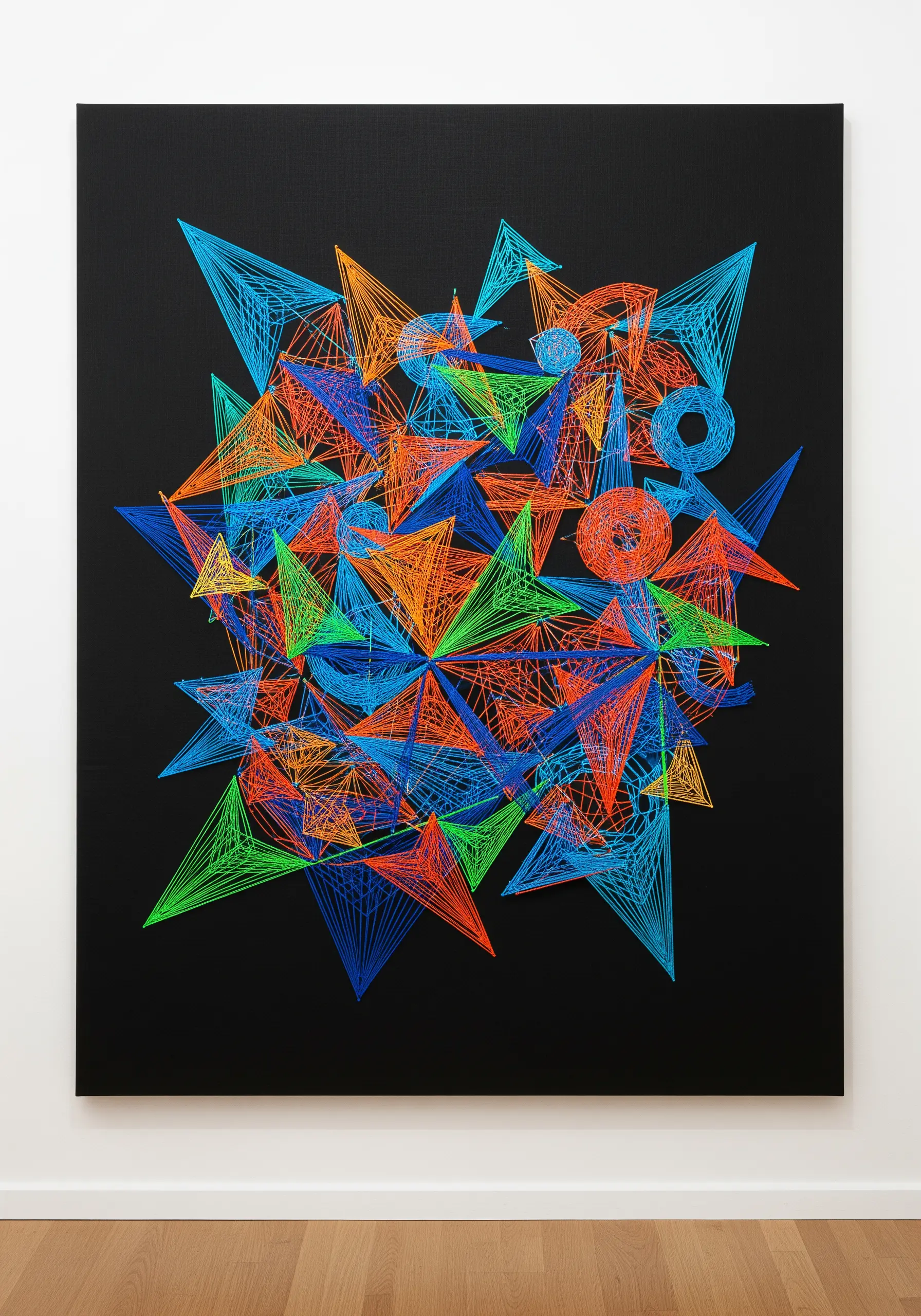 A complex and chaotic abstract embroidery with intersecting geometric shapes in neon colors.