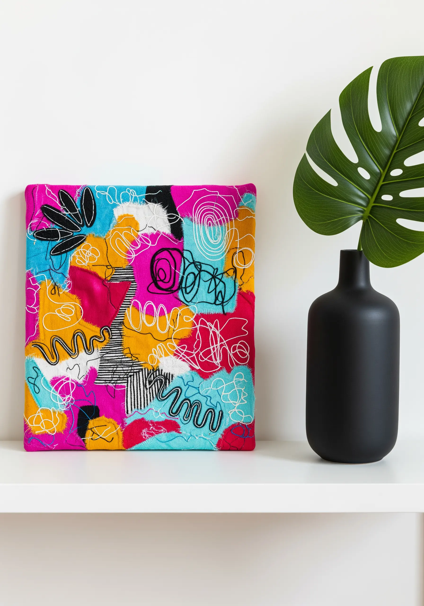 A vibrant abstract fabric collage with free-motion white and black scribble embroidery.