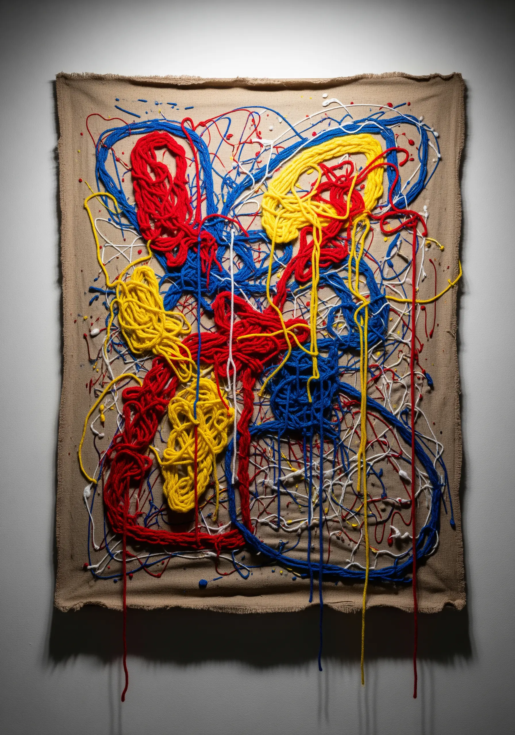 Abstract wall art with couched red, yellow, and blue yarn and paint splatters on burlap canvas.