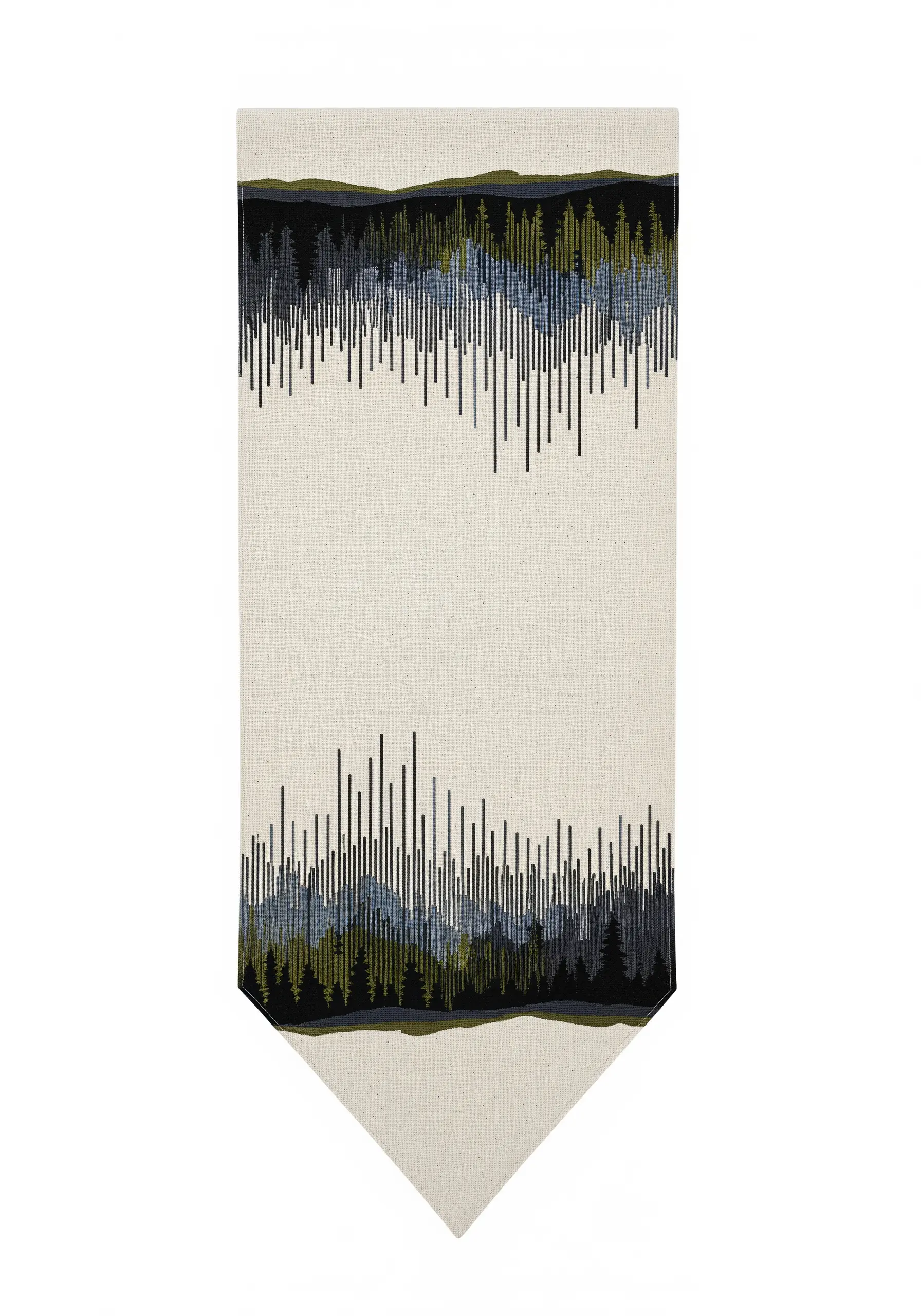 Abstract forest treeline embroidered with dense vertical stitches in multiple colors.