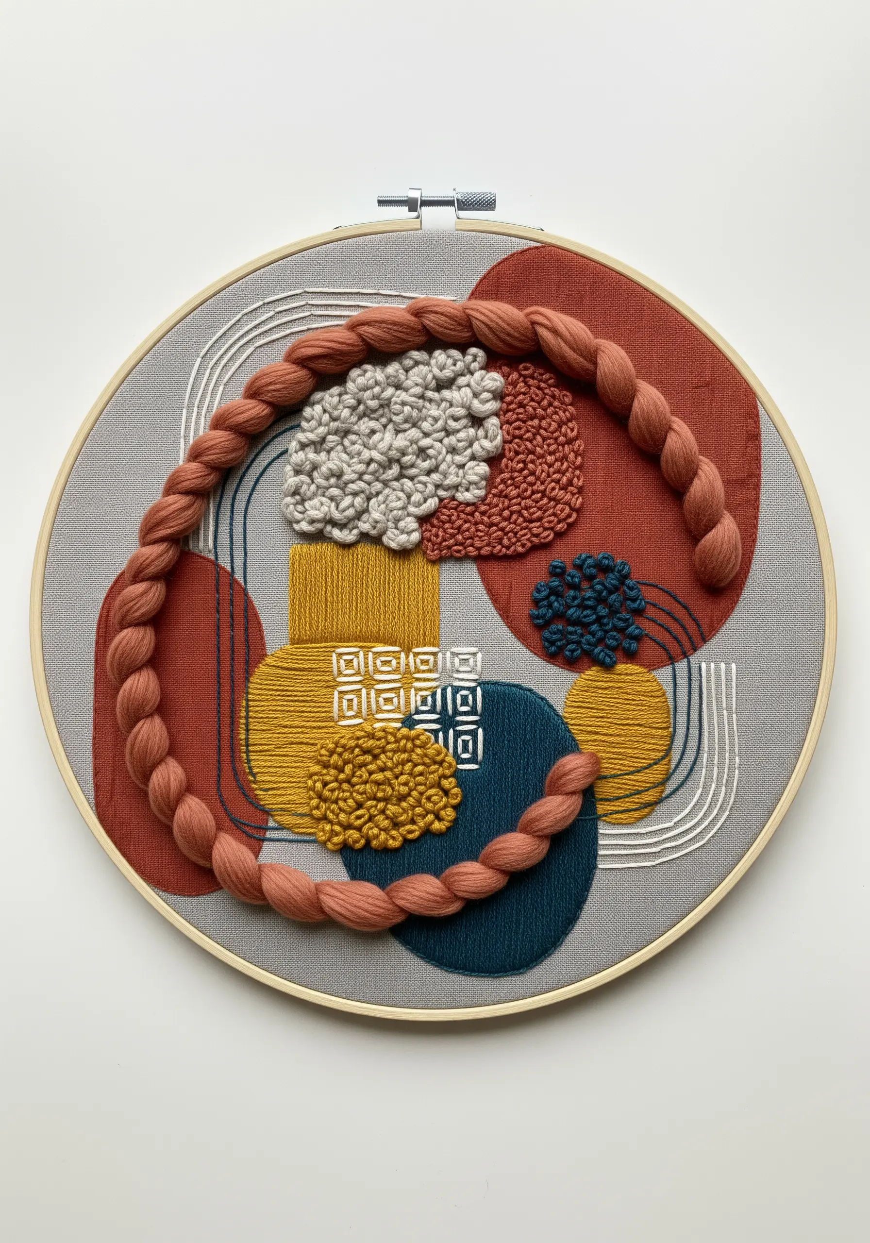 Abstract hoop art with geometric shapes filled with textured stitches and framed by a thick, braided yarn.
