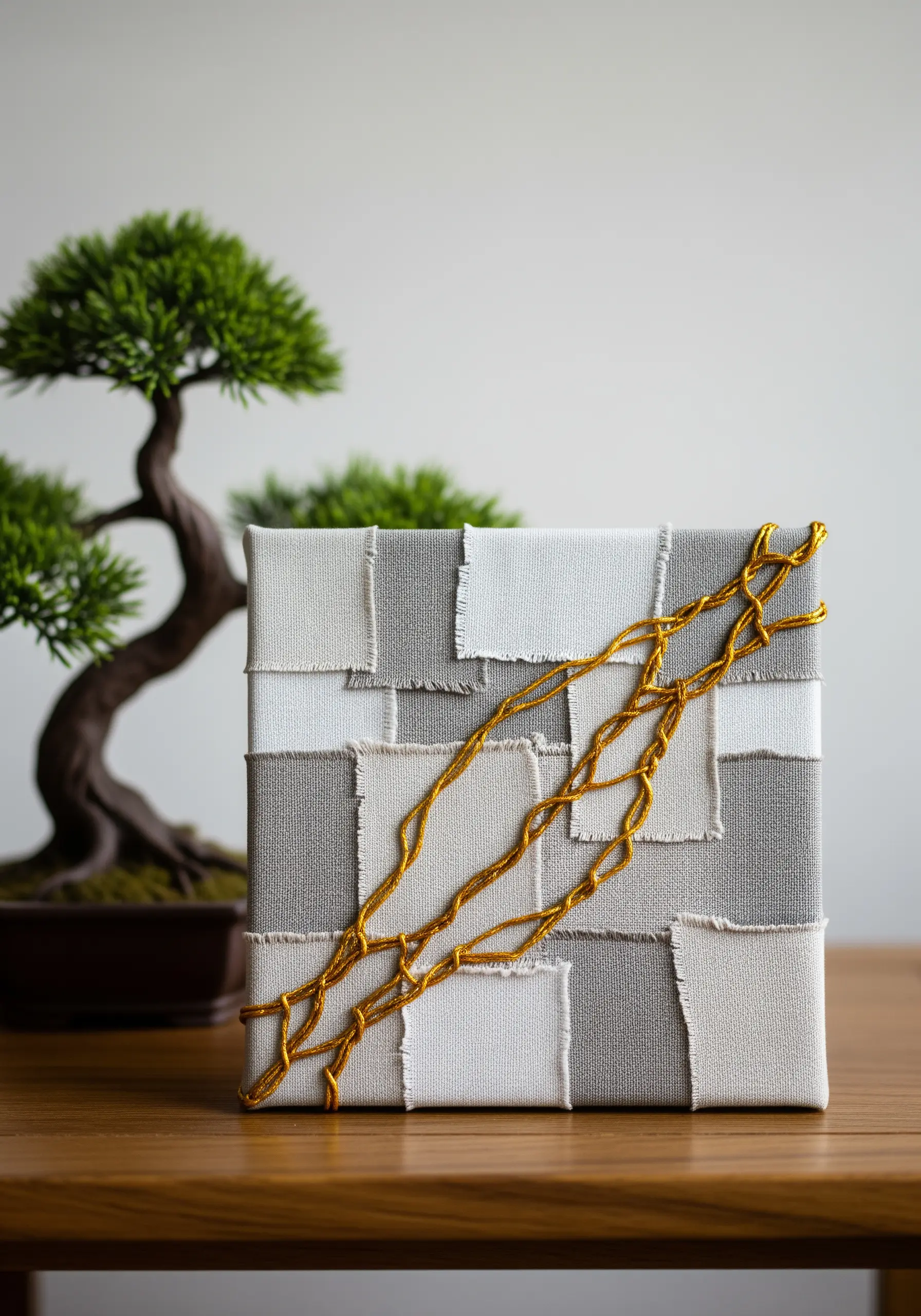 A gold braided cord weaving across a neutral-toned patchwork fabric canvas.