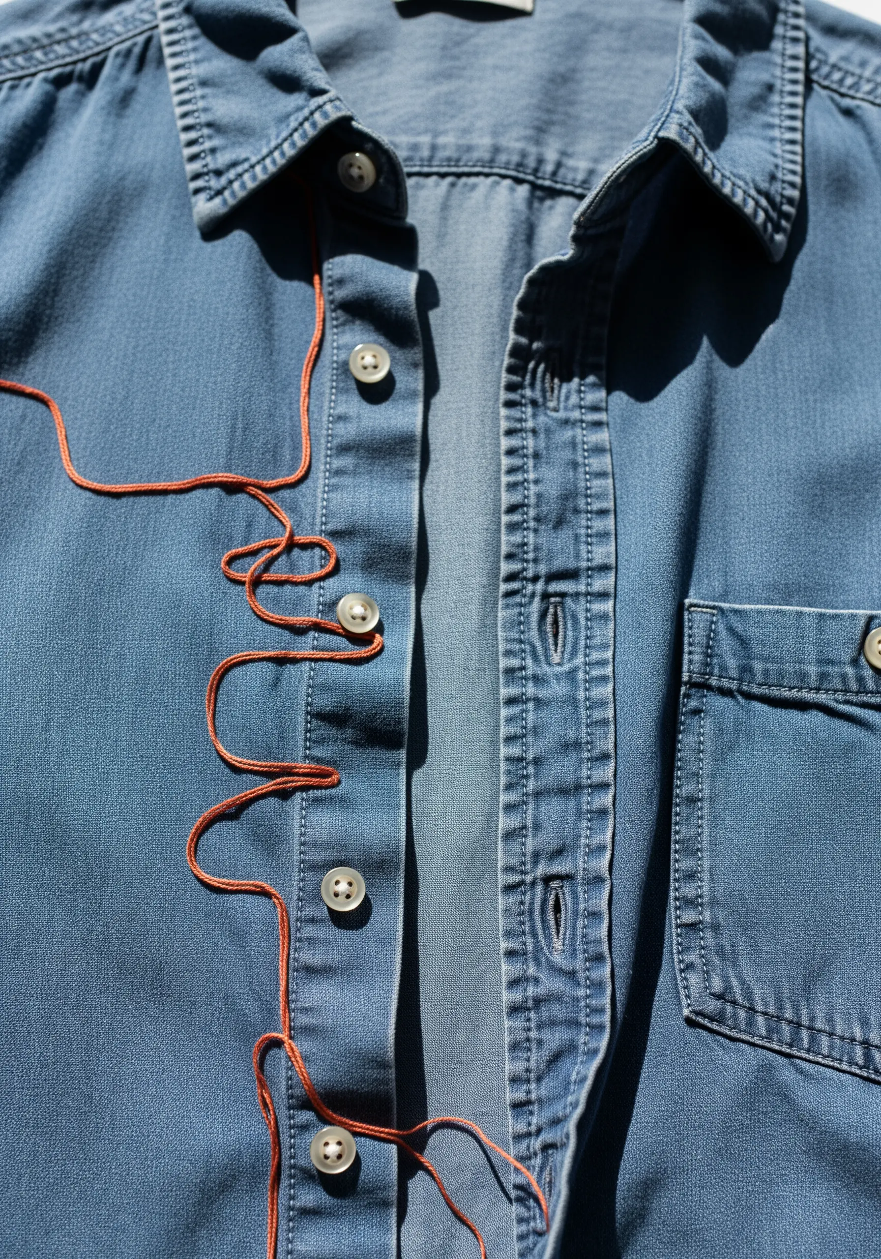 An abstract, meandering line of thick orange thread couched onto a blue denim shirt.