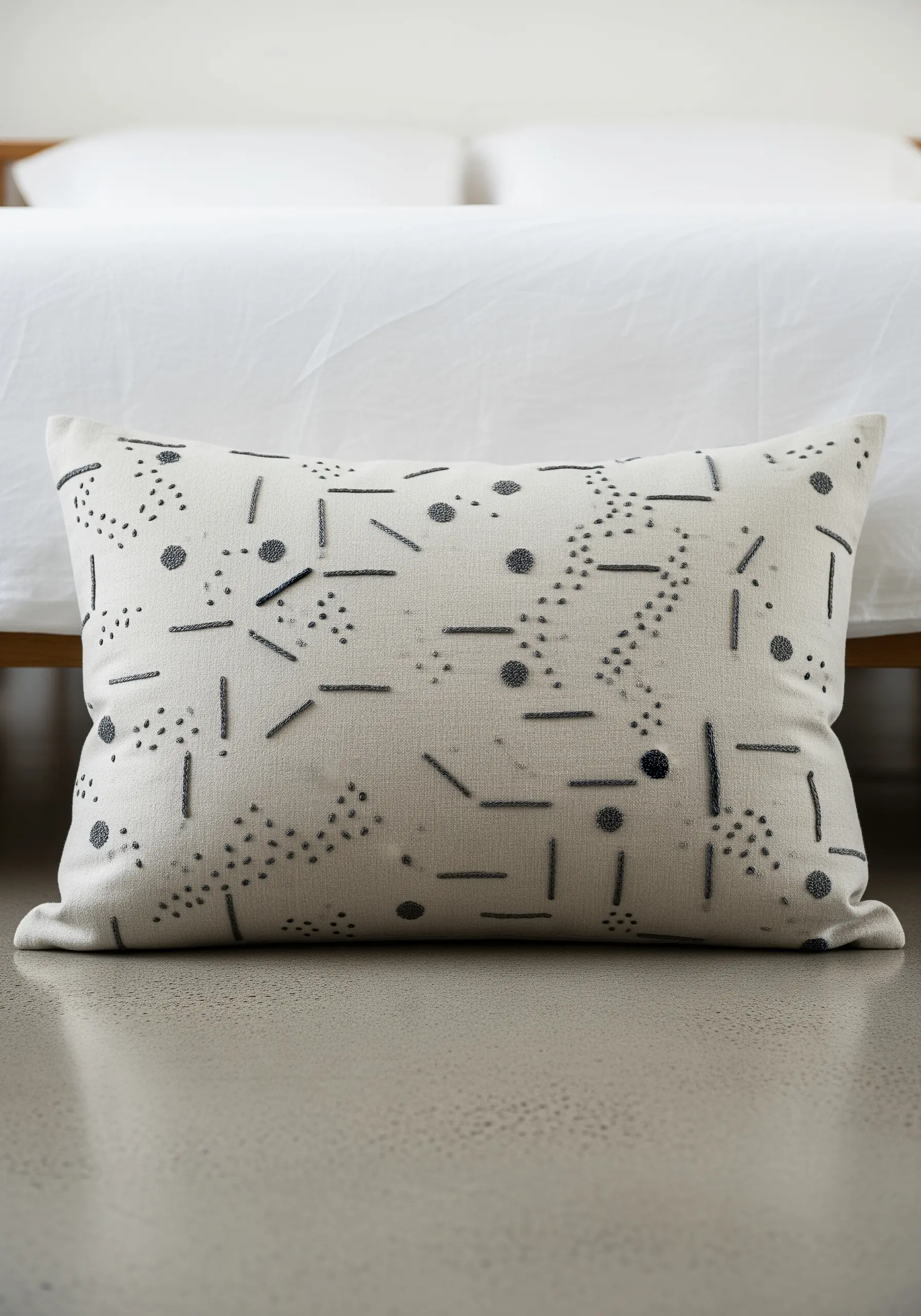 Abstract pattern of black seed stitches and straight stitches on a cream cushion.
