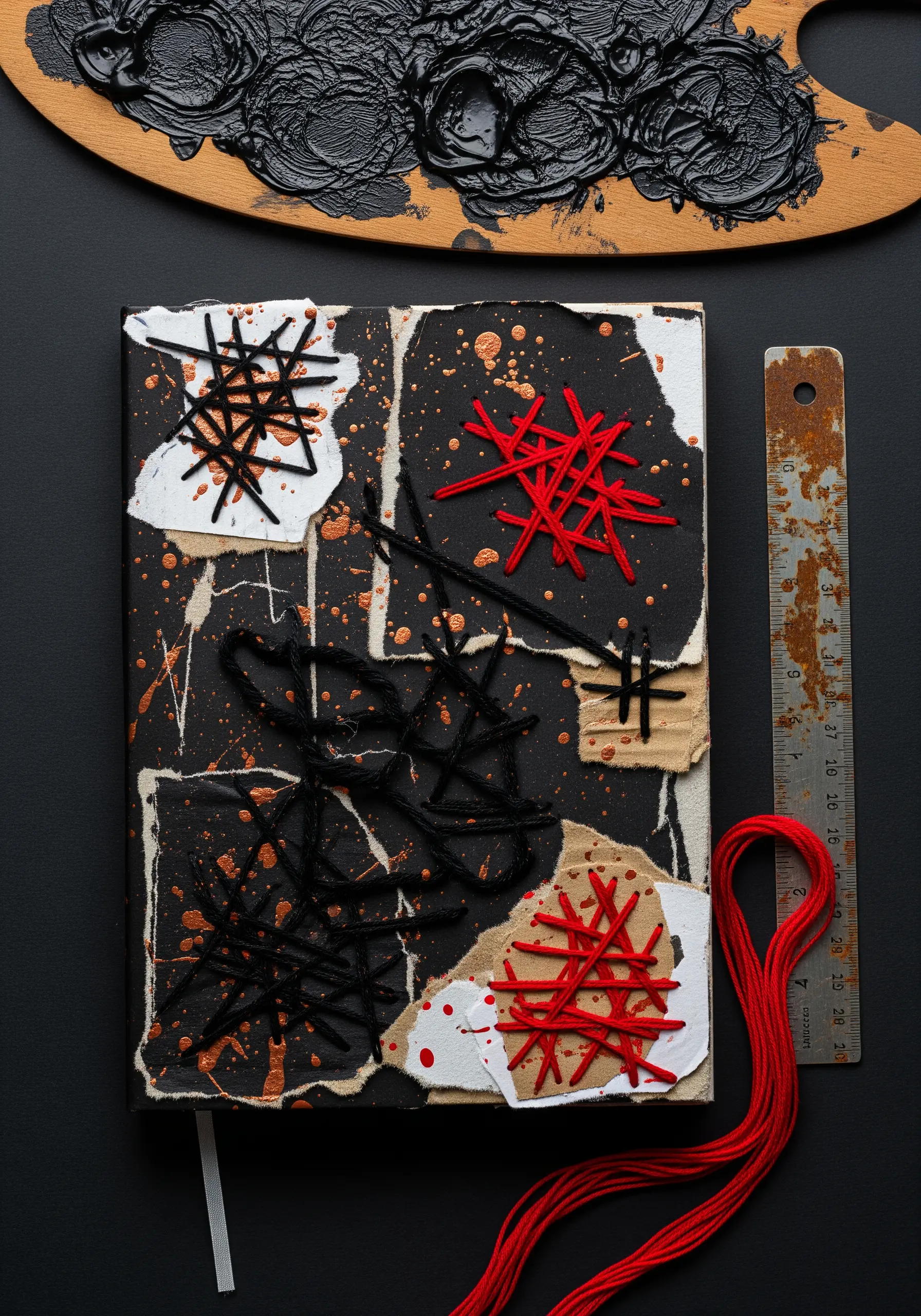 Abstract red and black stitching over a chaotic collage of torn black paper and paint splatters.