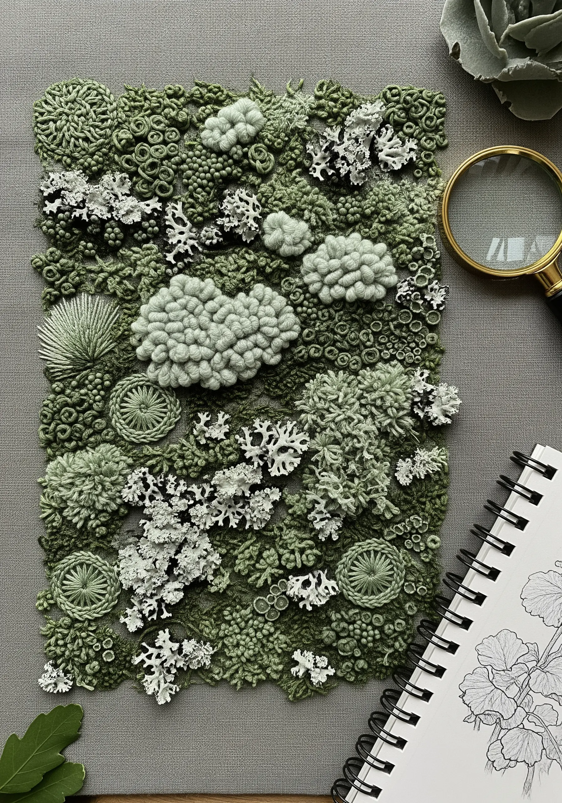Abstract texture embroidery using various green knots to mimic moss