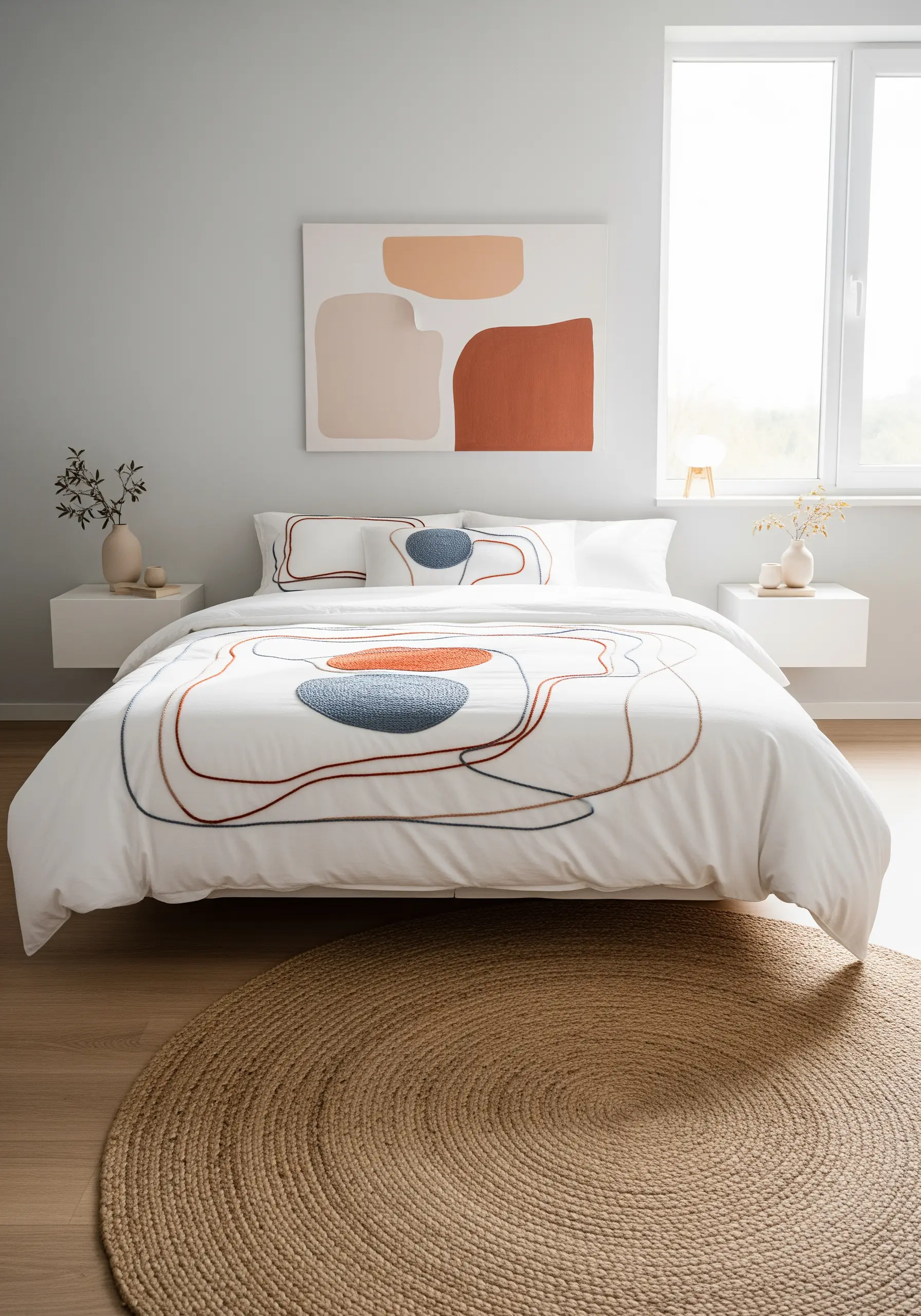 Abstract curved line embroidery on white duvet cover