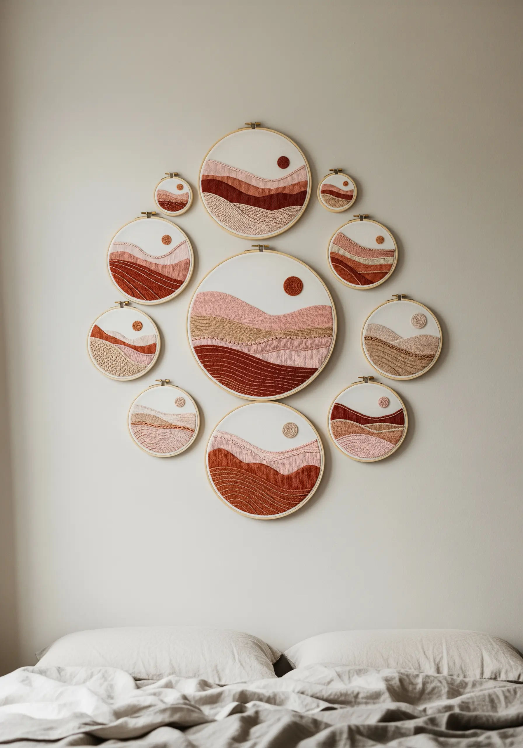 Abstract landscape embroidery with rolling hills in earth tones