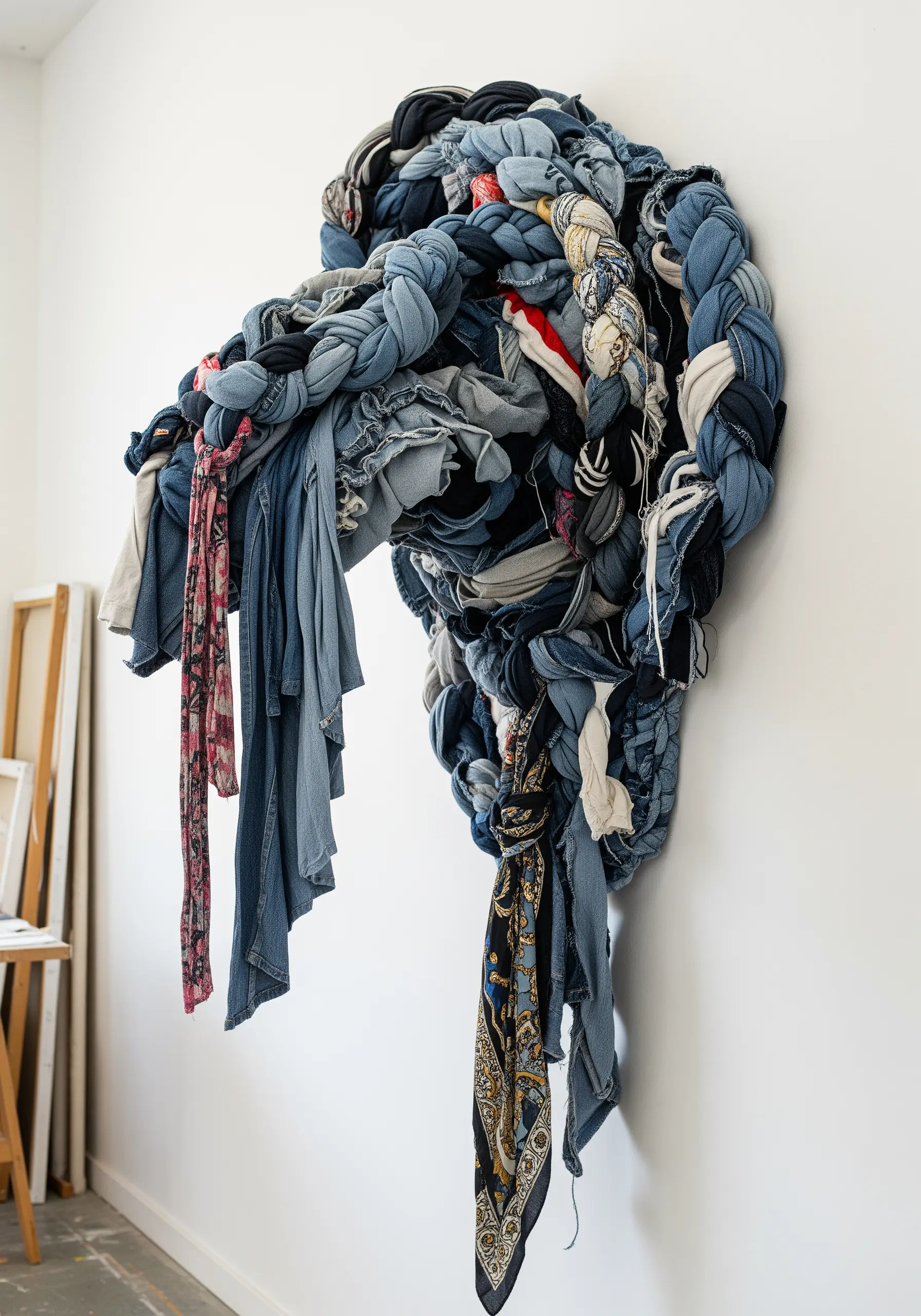 A three-dimensional wall sculpture made from braided and knotted scraps of denim and patterned fabric.