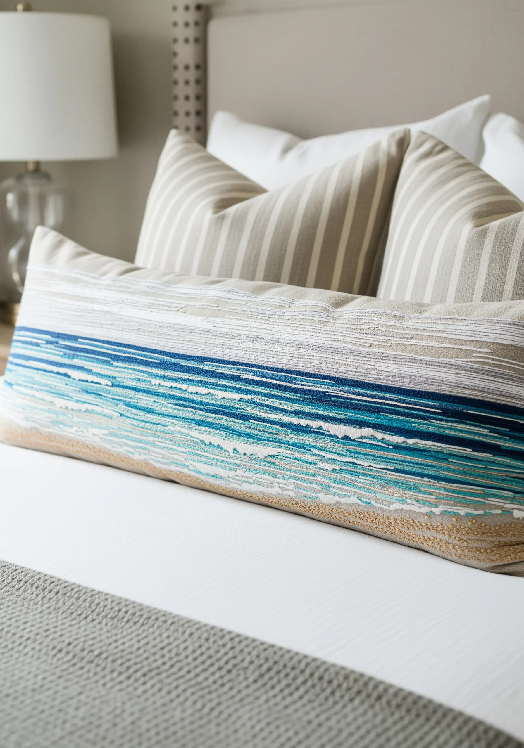 An abstract embroidered seascape on a lumbar pillow using textured blue, white, and tan threads.