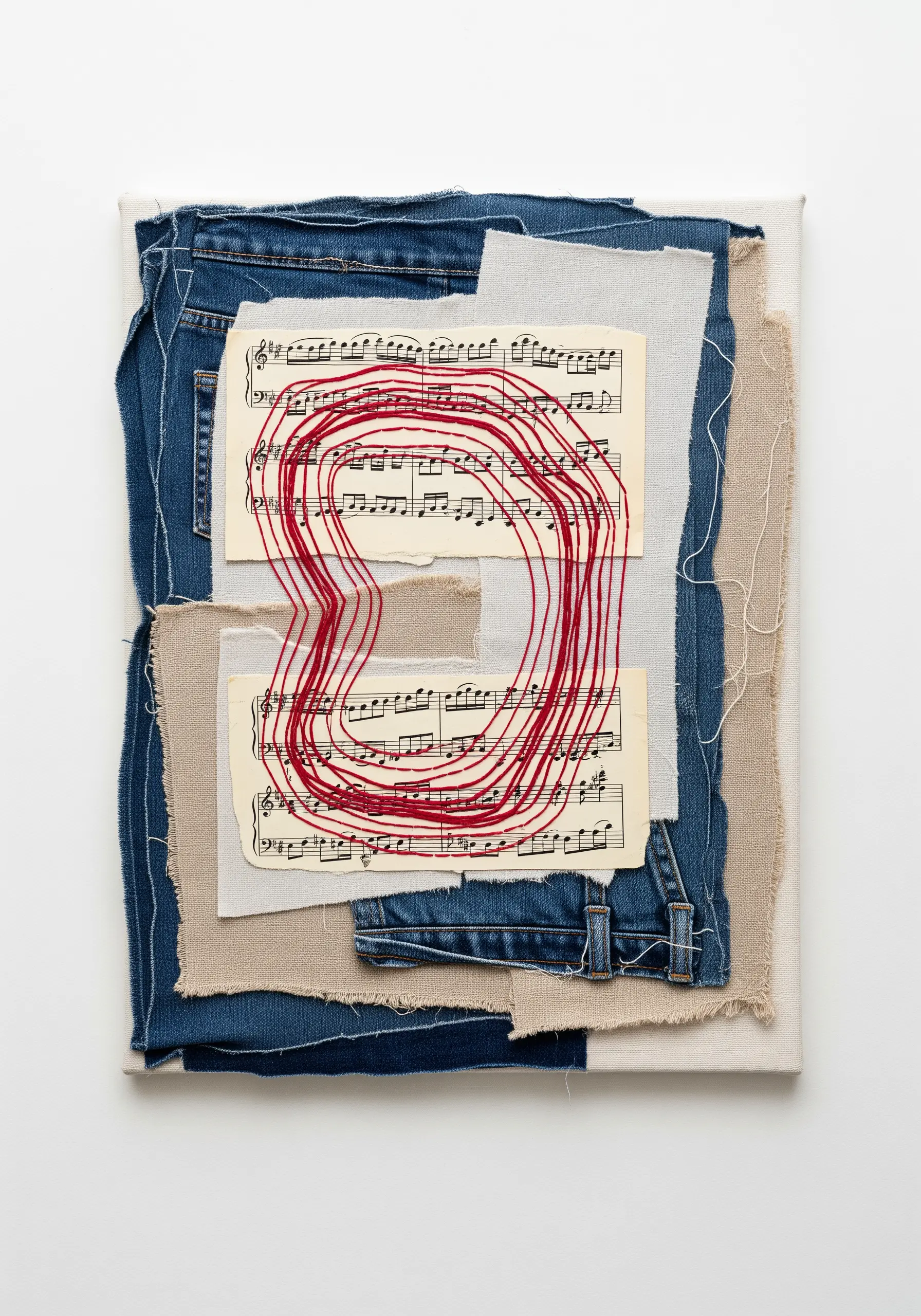 Mixed-media canvas with layered denim, sheet music, and abstract red thread embroidery.