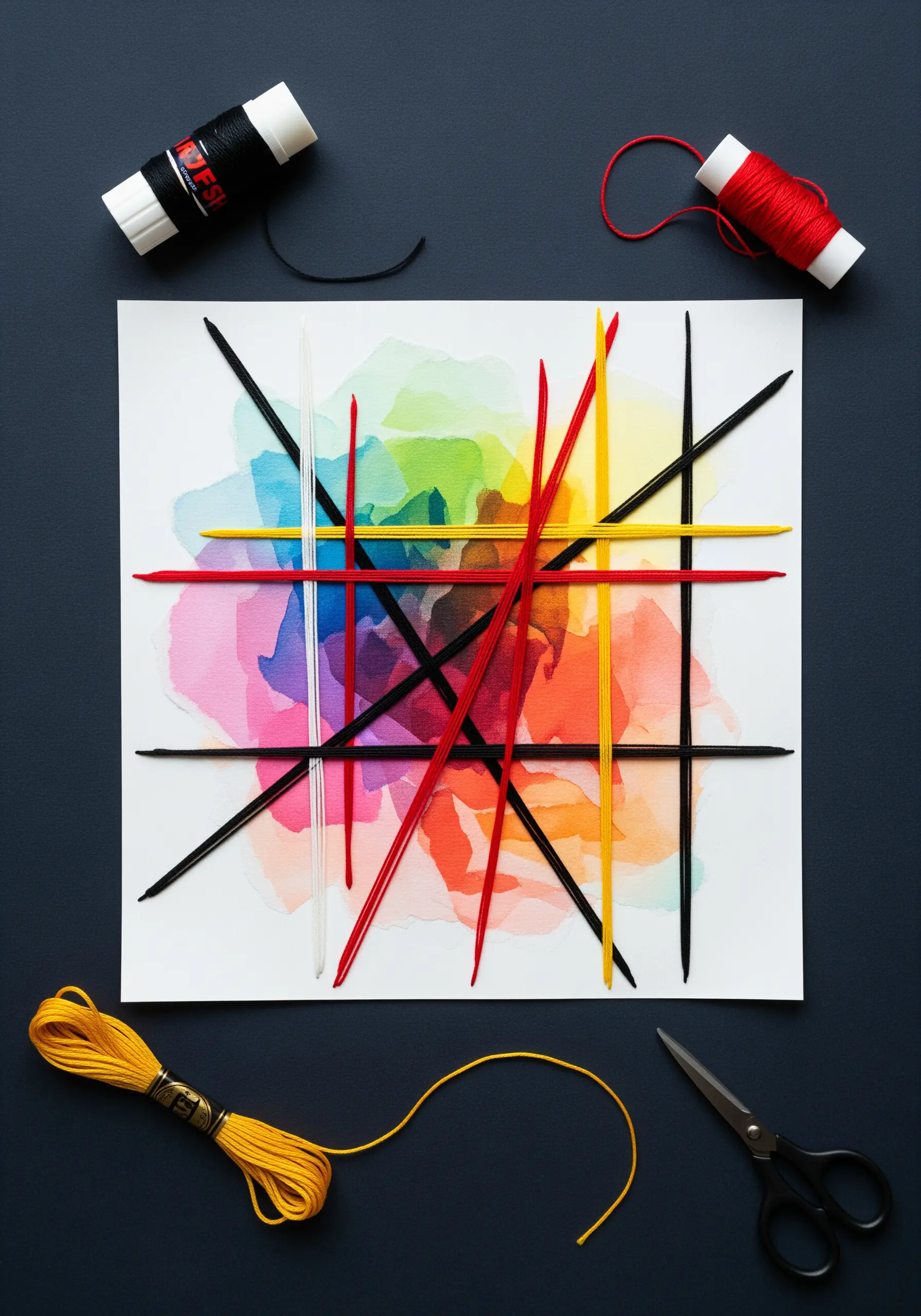 Abstract lines of colorful thread stitched over a rainbow watercolor background.