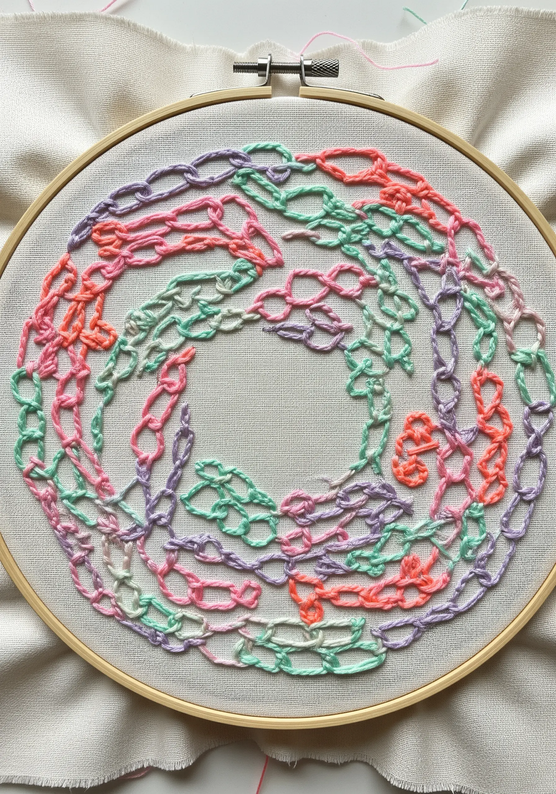 Overlapping chain stitches in pastel pink, purple, and mint green on white fabric in a hoop