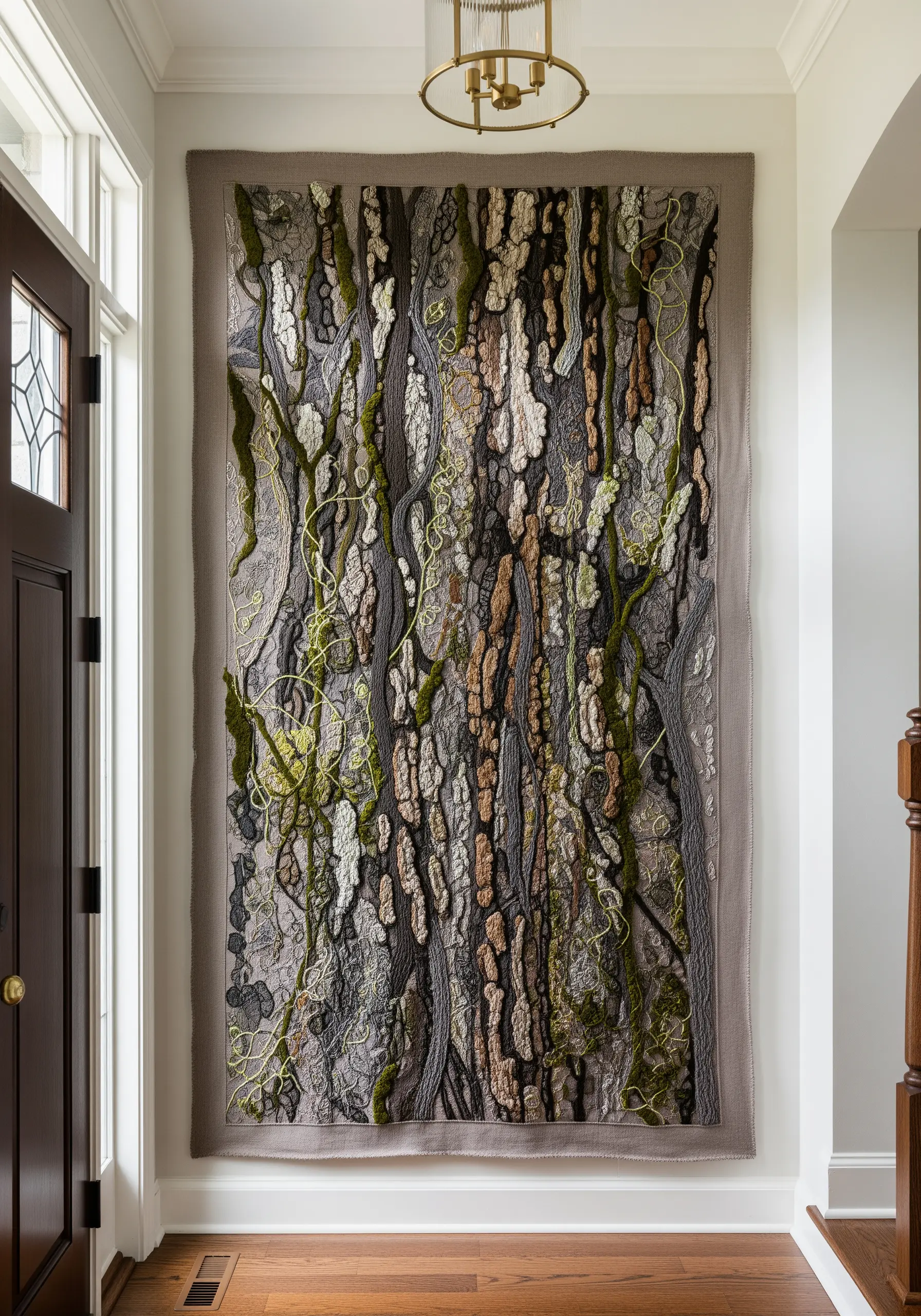 Large-scale abstract textile art emulating the texture of tree bark and moss.
