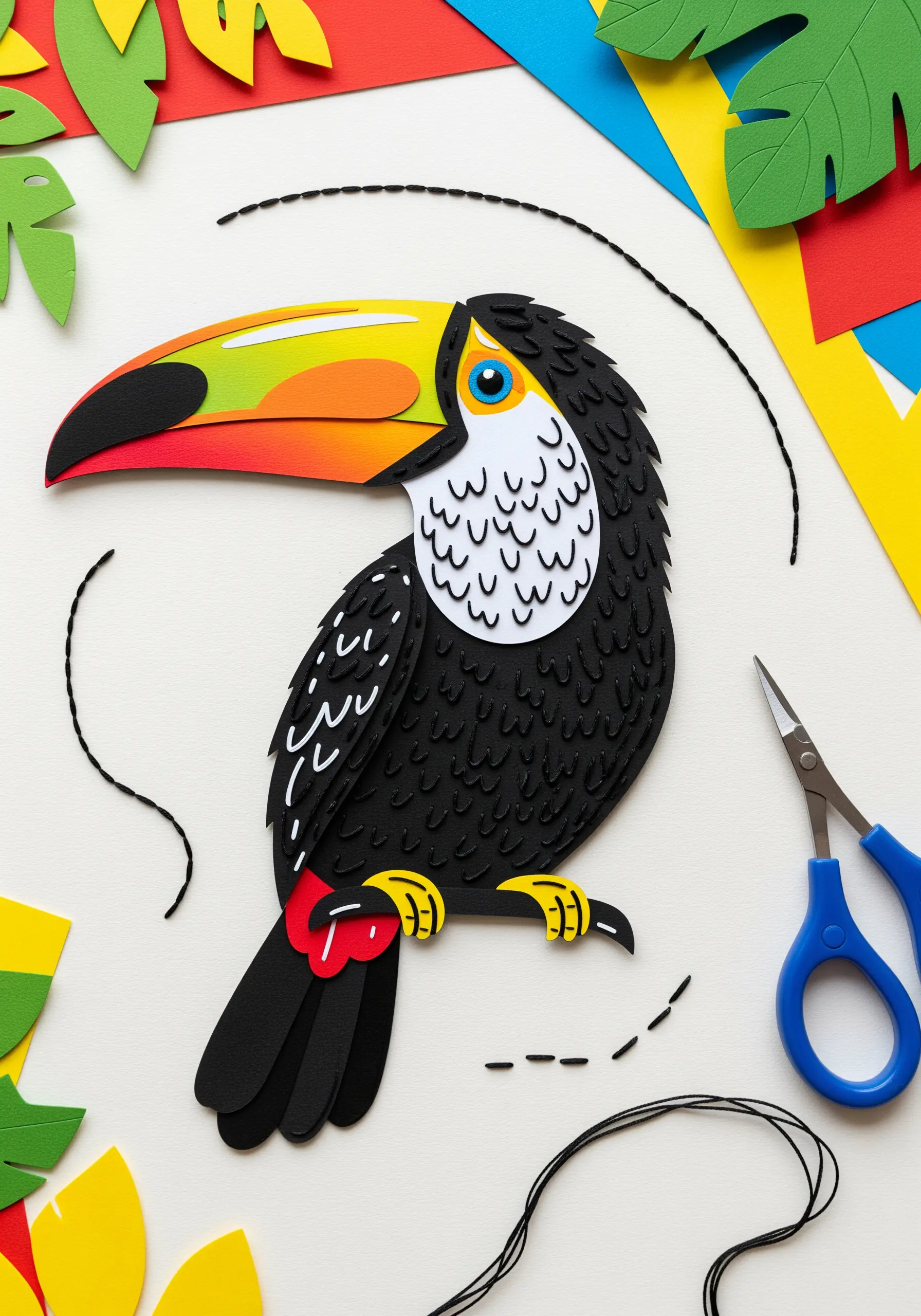 A colorful layered paper toucan with small, subtle black stitches added for feather texture.