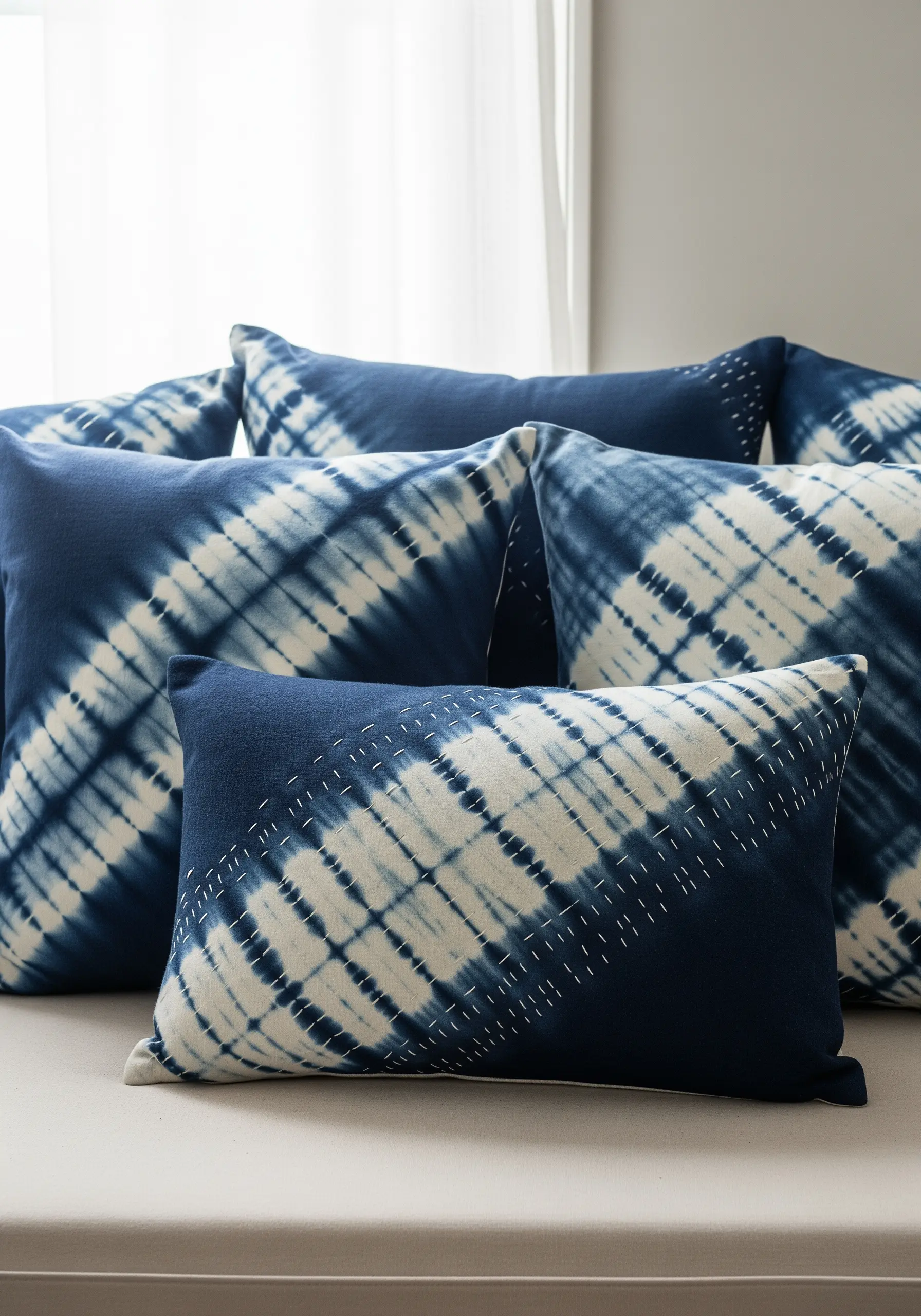 Indigo tie-dyed cushions with minimalist rows of white running stitches.