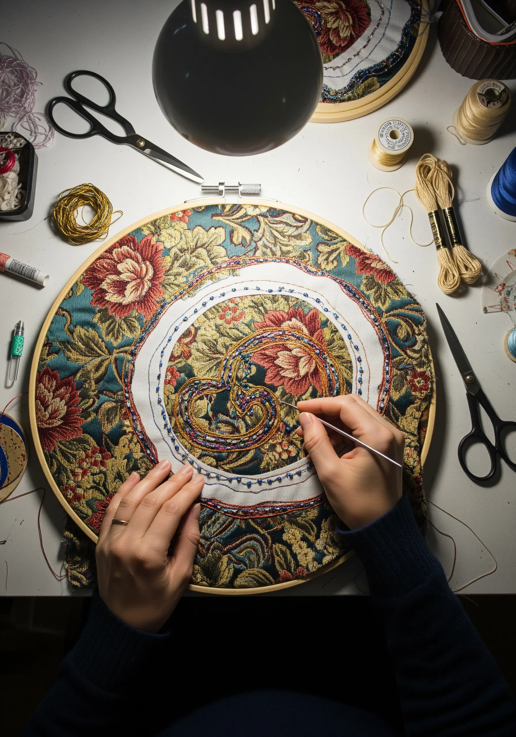 A person embellishing a piece of floral upholstery fabric in a hoop with beads.