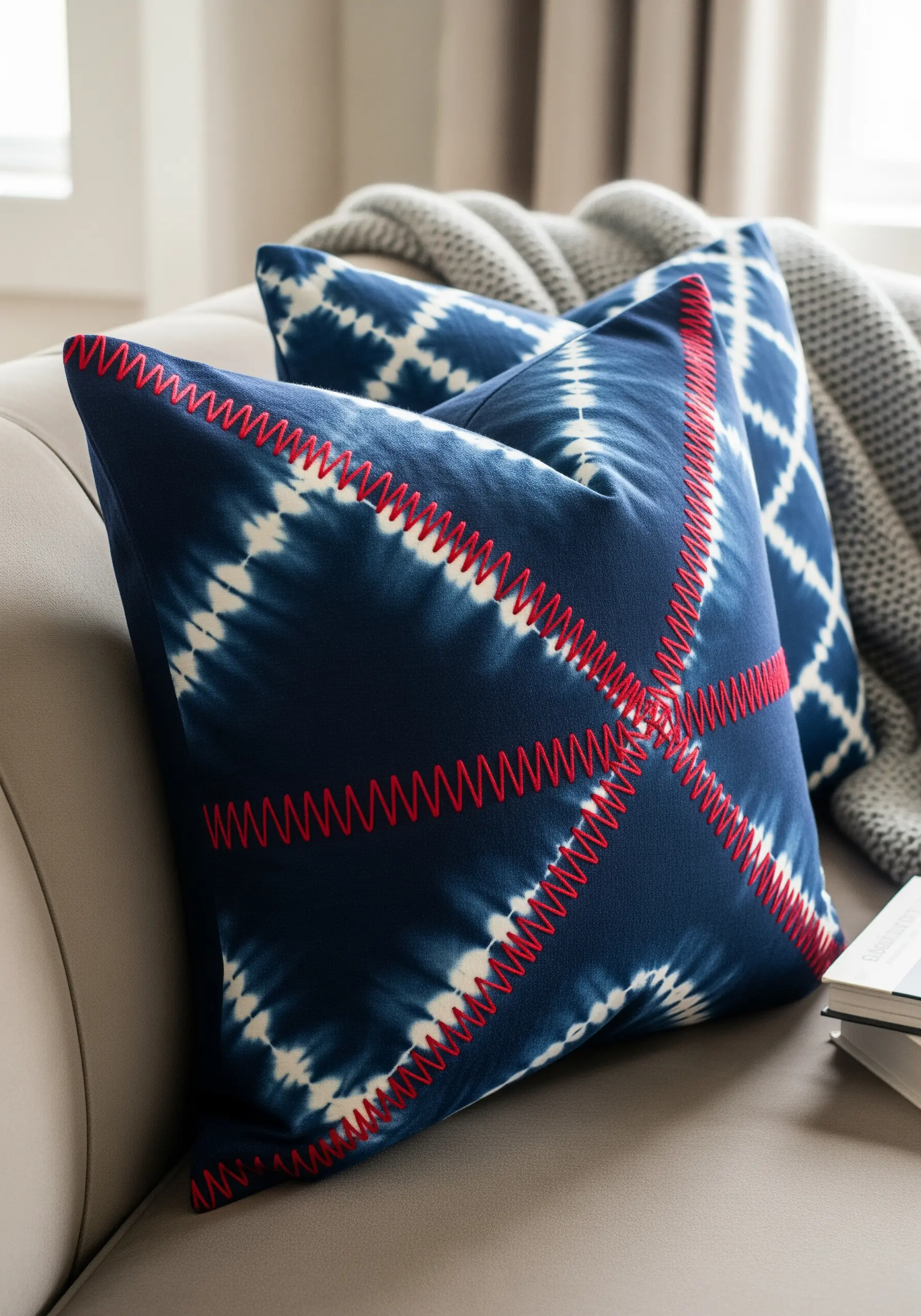 Indigo tie-dye pillow with bold, red decorative whipstitching along the seams.