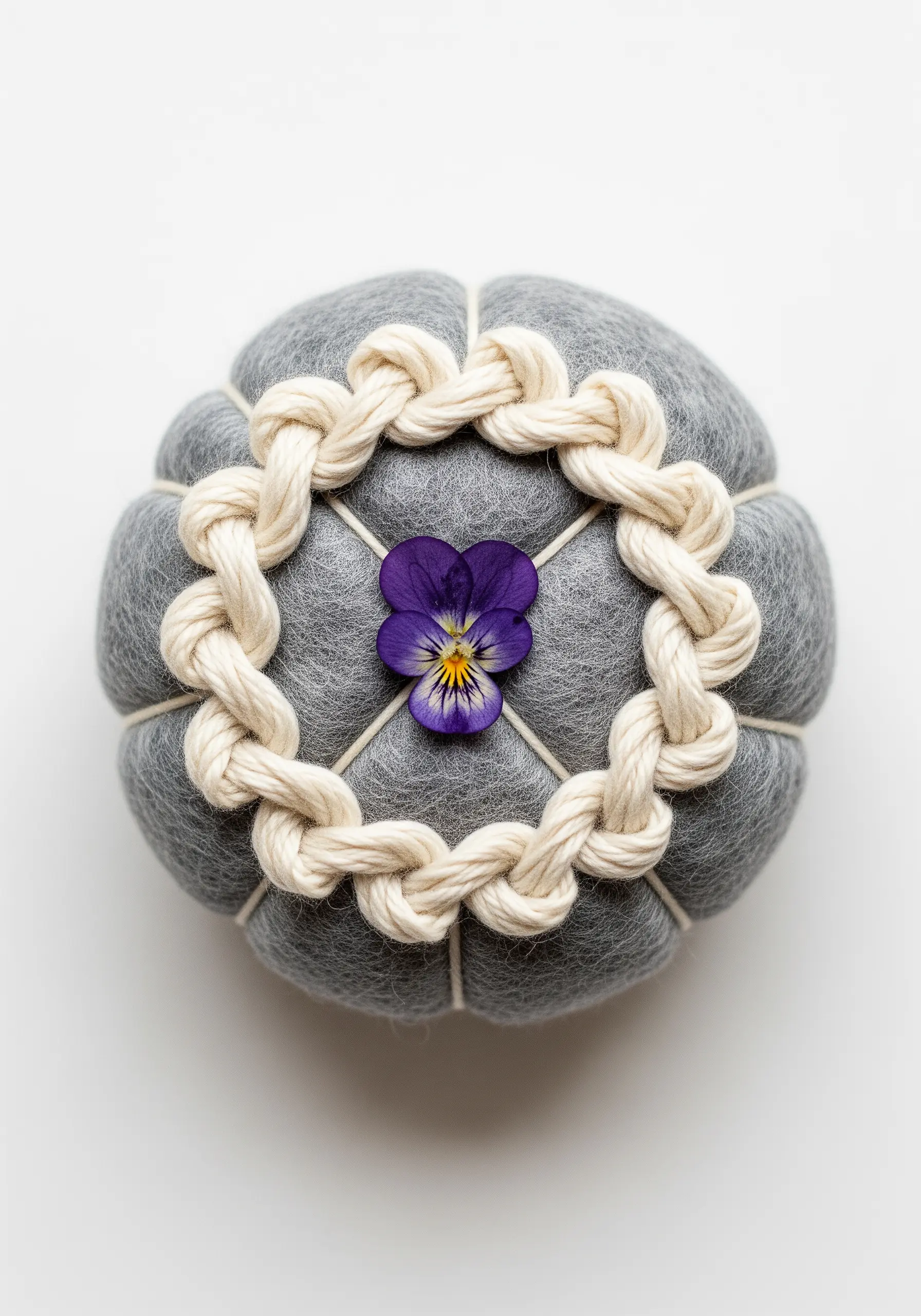 A single pressed pansy at the center of a grey felt pincushion with a braided border.