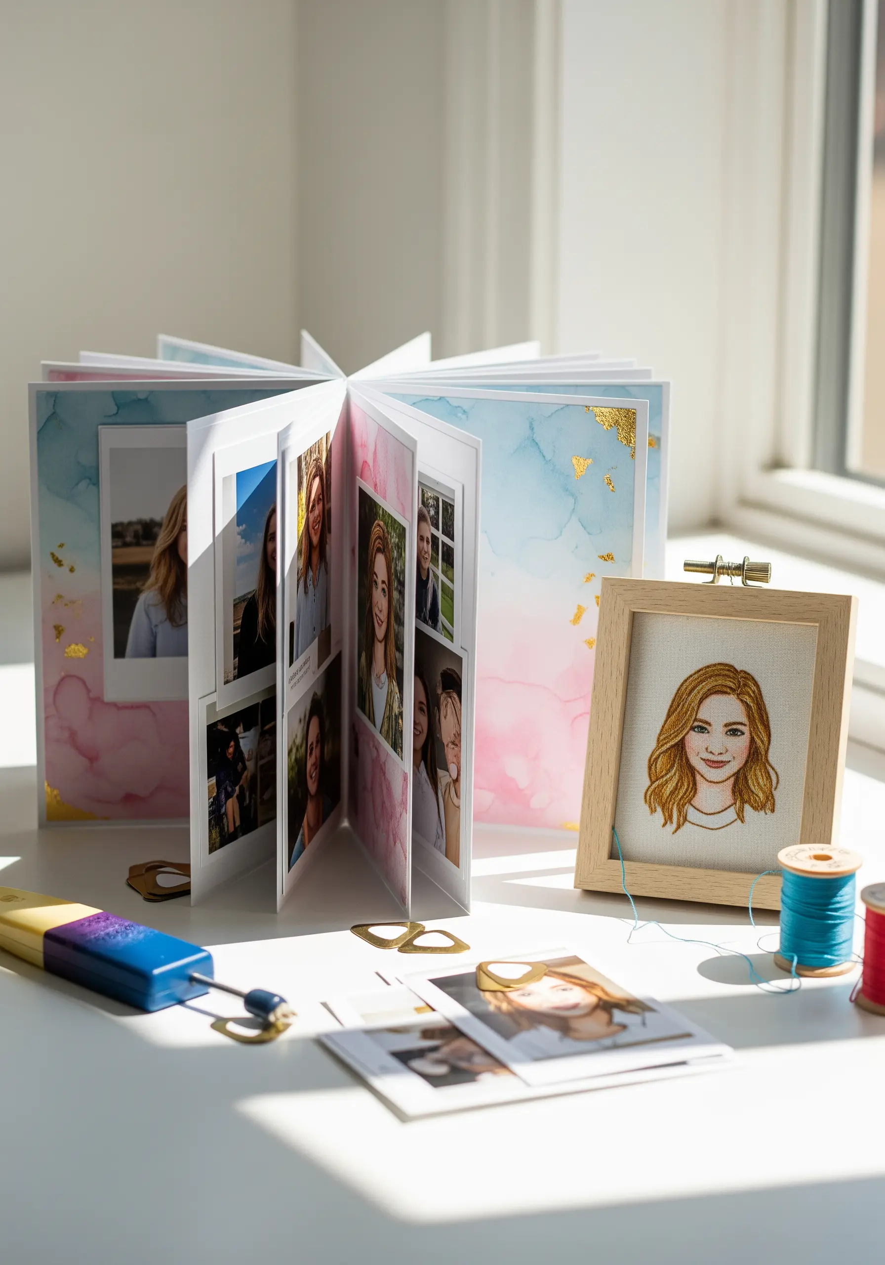 Small embroidered portrait in a wooden frame next to a handmade photo album.