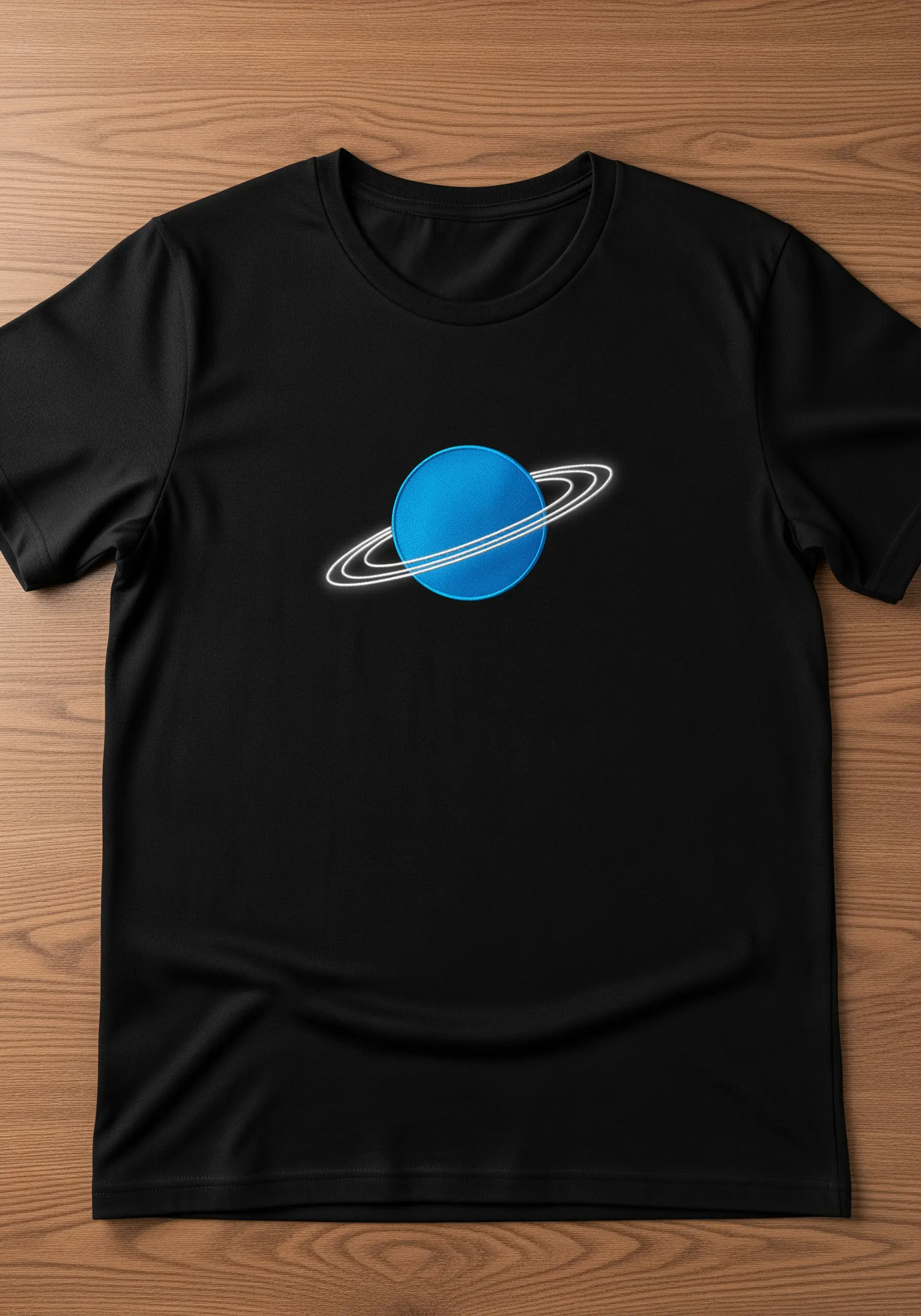 A blue planet with glowing white rings embroidered on the center of a black t-shirt.
