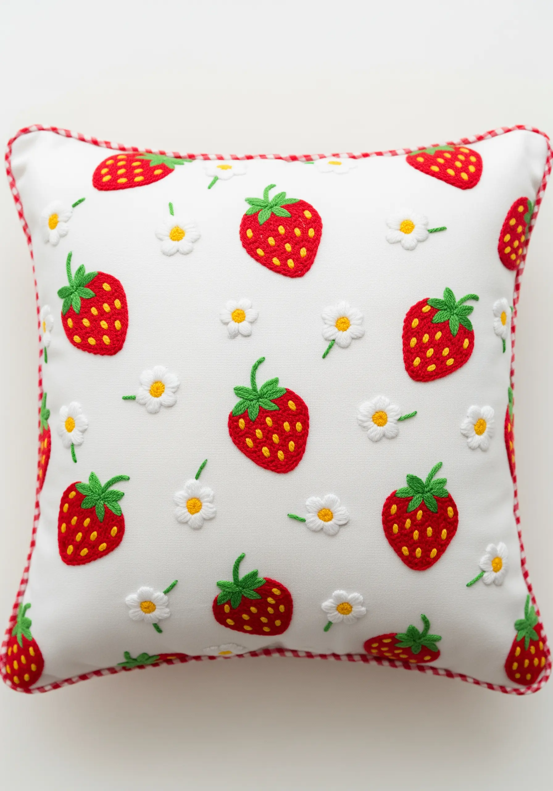 A pattern of embroidered strawberries and daisies on a white cushion with red piping.
