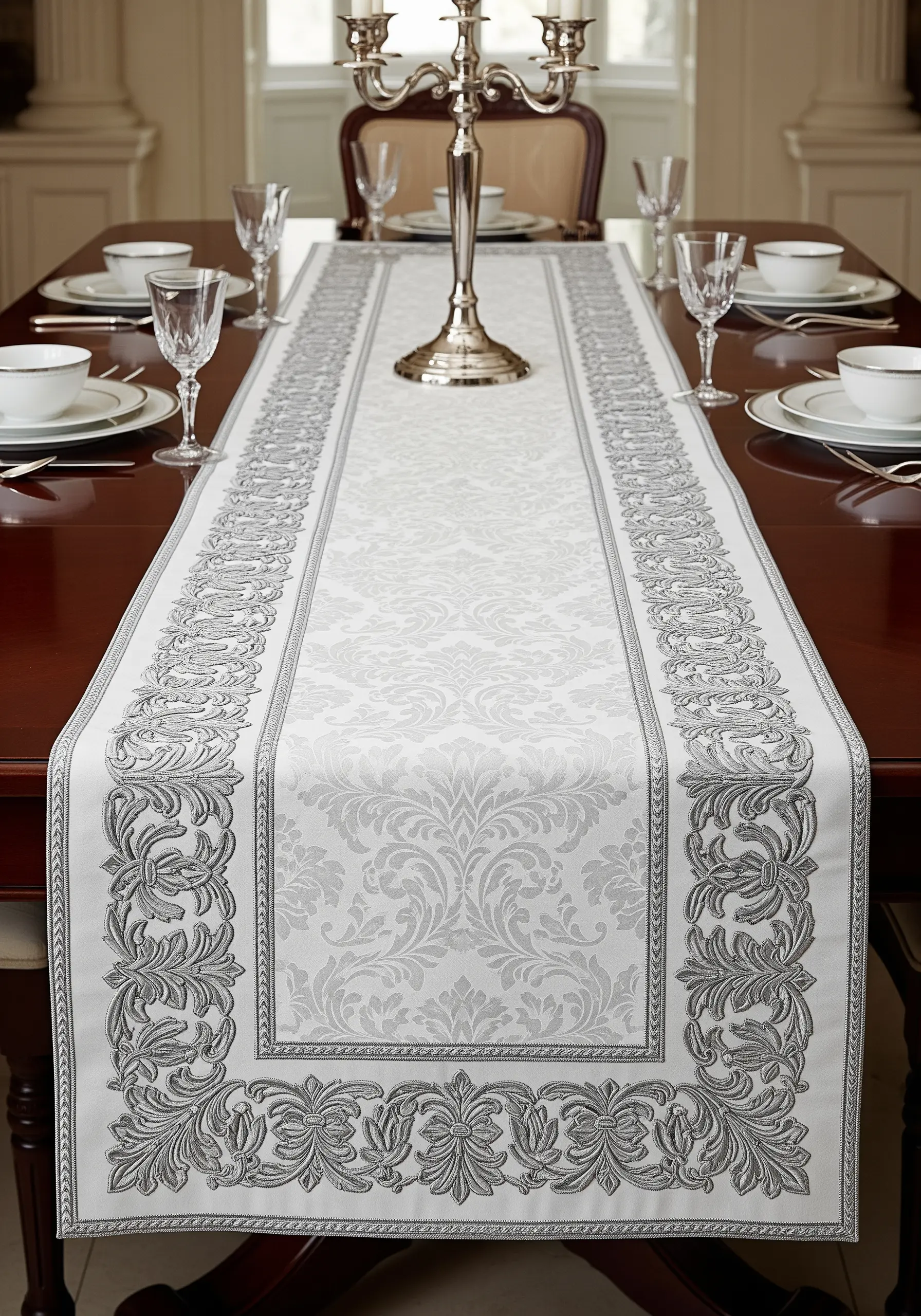 A formal table runner with a grey baroque floral pattern on a white jacquard fabric.