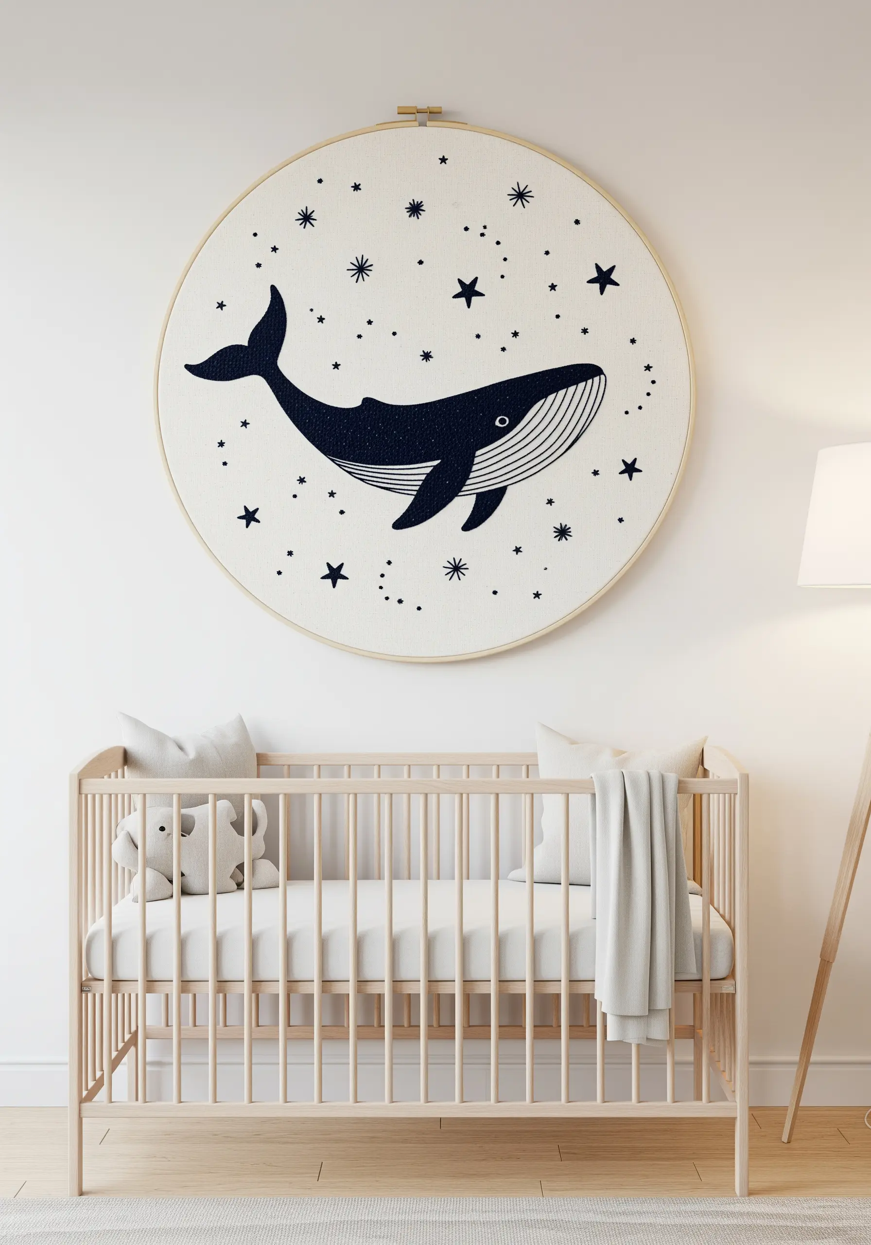 Large embroidery hoop with a solid black whale design hanging in a baby's nursery.