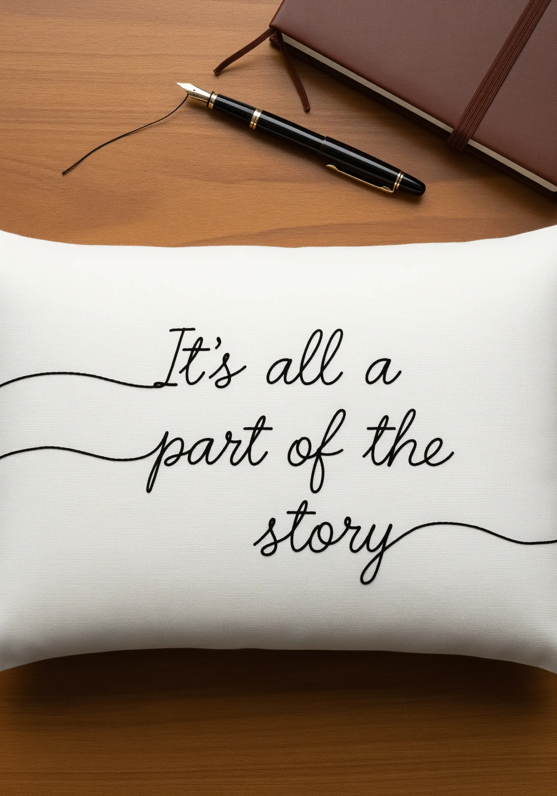 A smooth, continuous black embroidered line forming a cursive quote on a white pillow.