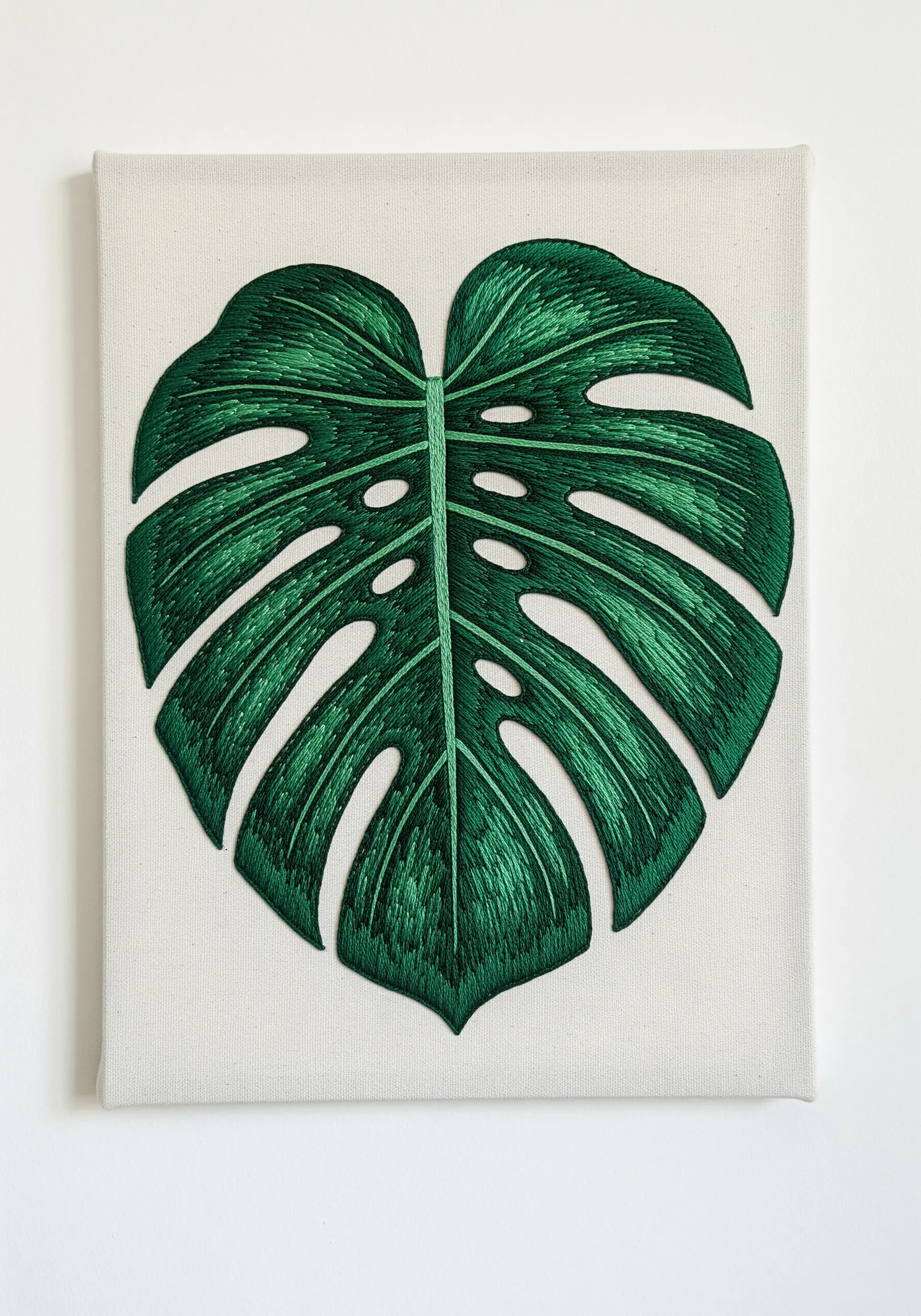 A perfectly executed satin stitch monstera leaf on a stretched white canvas.