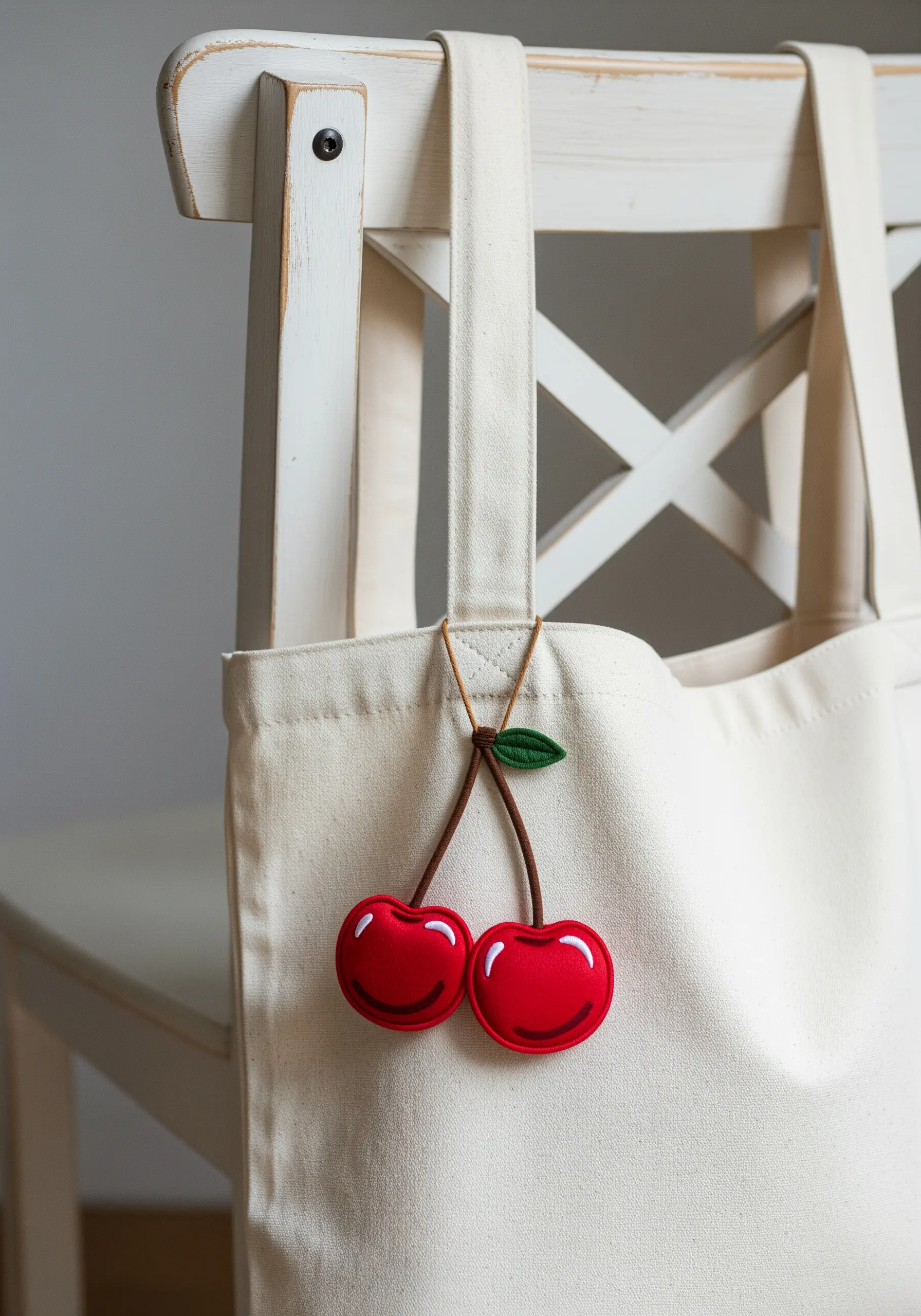 A bright red embroidered cherry charm with a green leaf hanging from a tote bag.