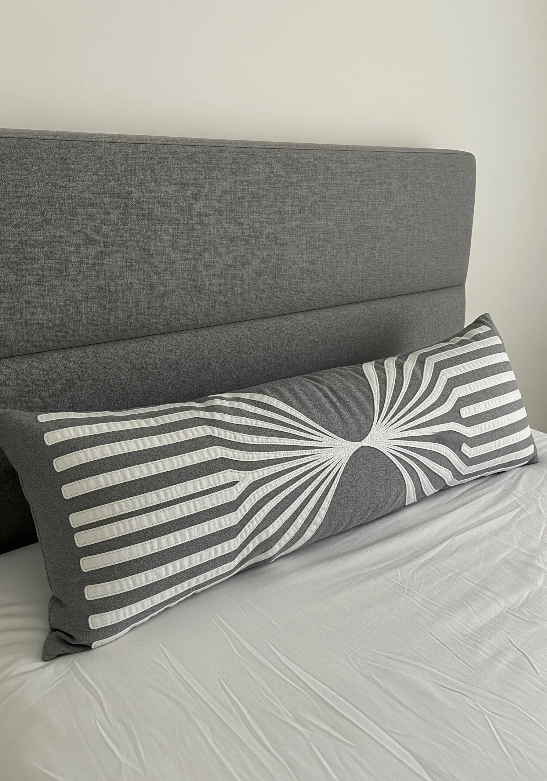 A long grey pillow with a bold, graphic sunburst pattern stitched in thick white thread.
