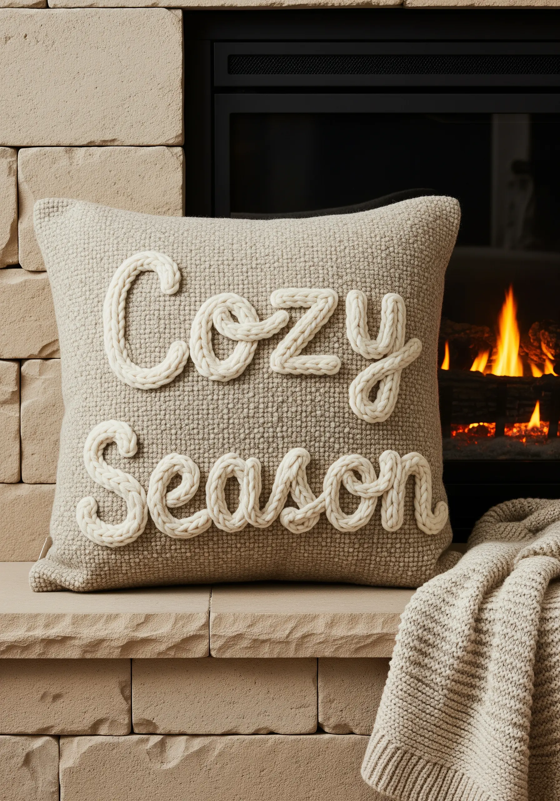 Chunky white yarn couched onto a textured beige pillow to spell 'Cozy Season'.