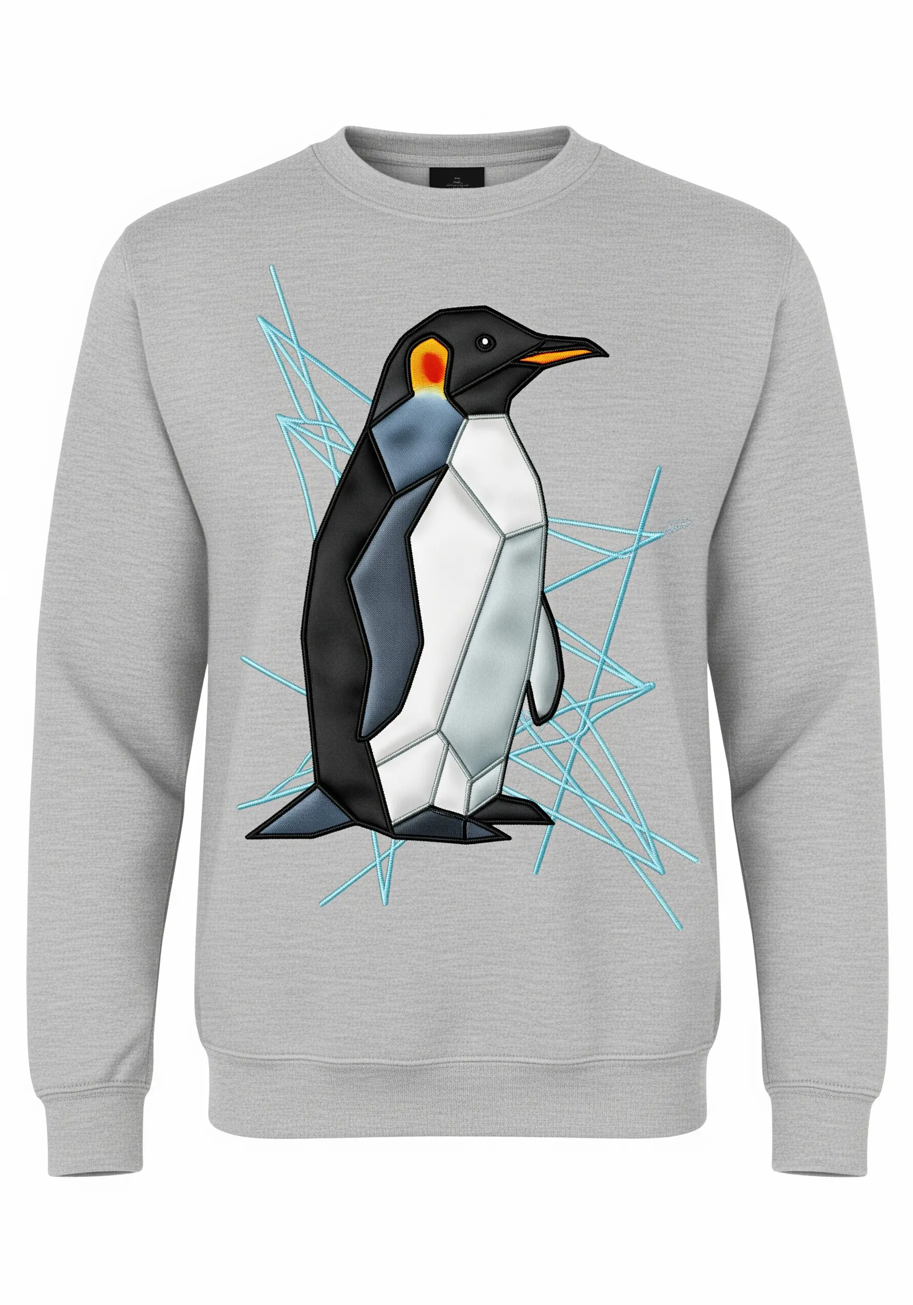 A modern, geometric penguin embroidered on the front of a grey crewneck sweatshirt.