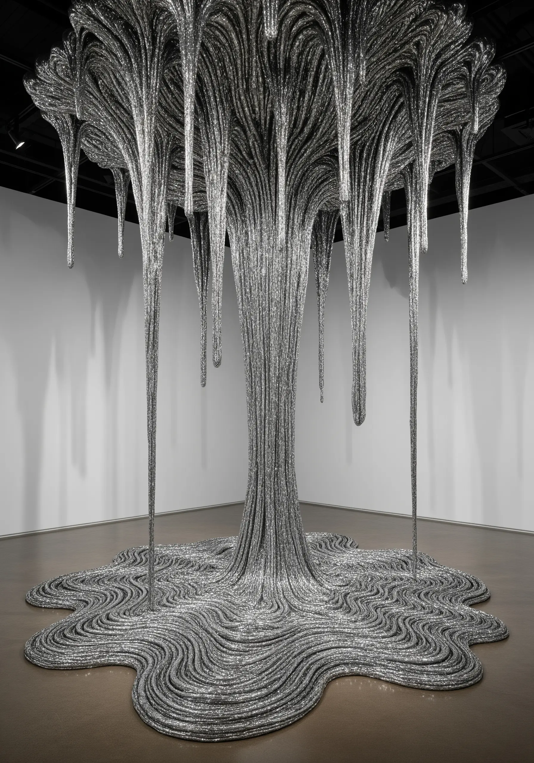 A metallic silver sculpture that looks like liquid metal flowing up from the floor.