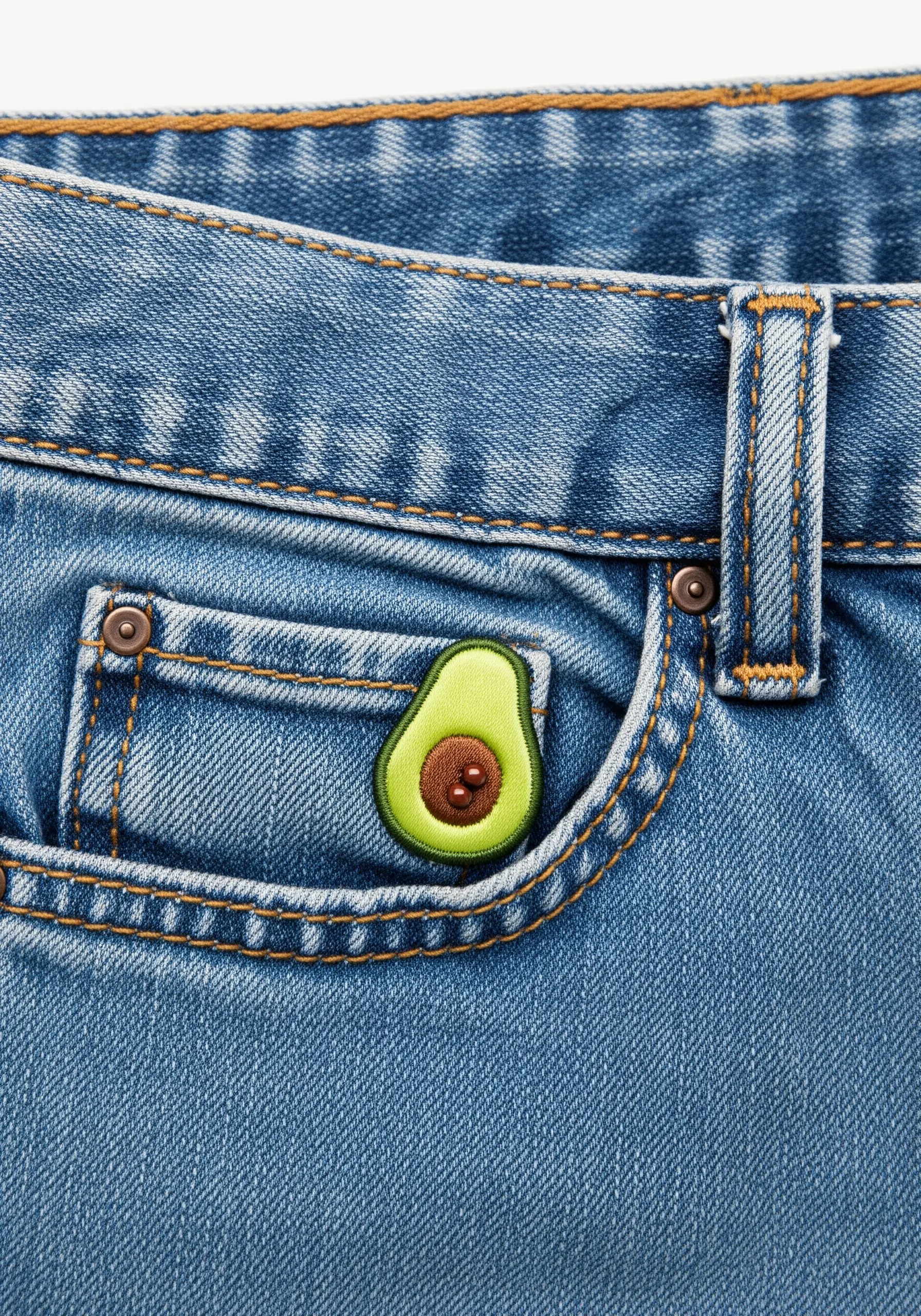 A small, padded satin stitch avocado motif on a light-wash denim coin pocket.