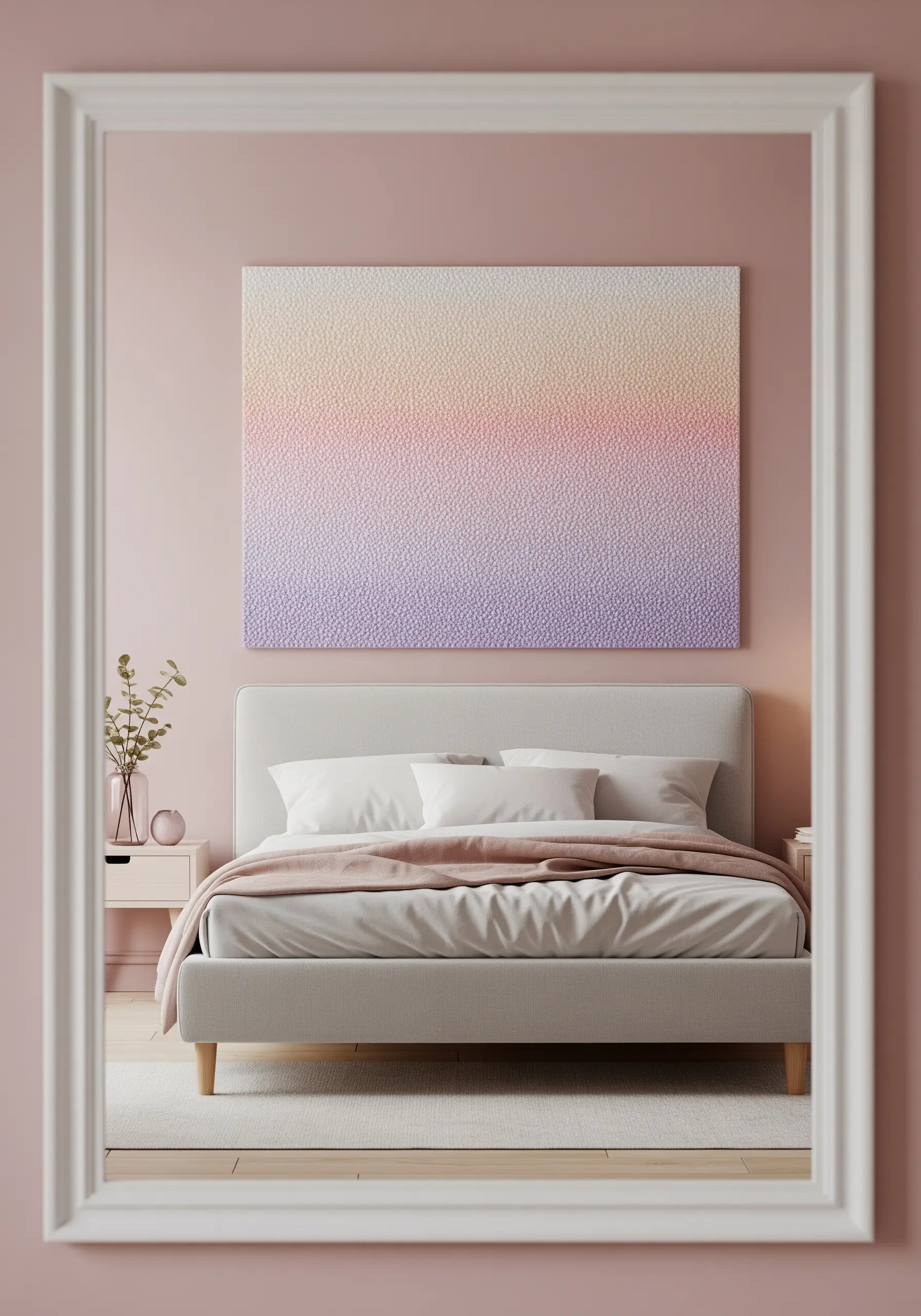 Large wall art above a bed with a soft pastel gradient made of tiny, textured stitches.