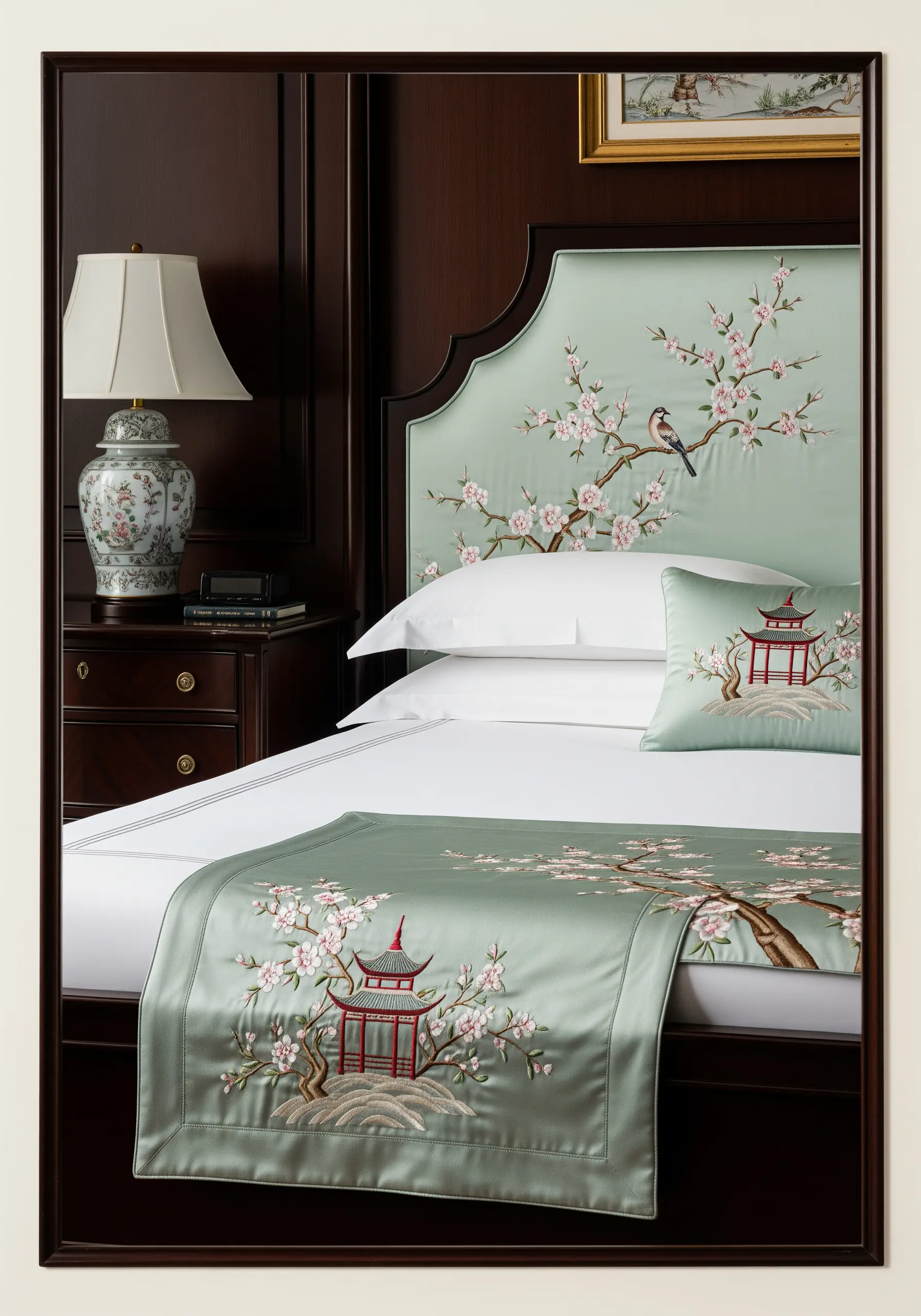 A delicate Chinoiserie scene with a bird on a cherry blossom branch embroidered on a headboard.