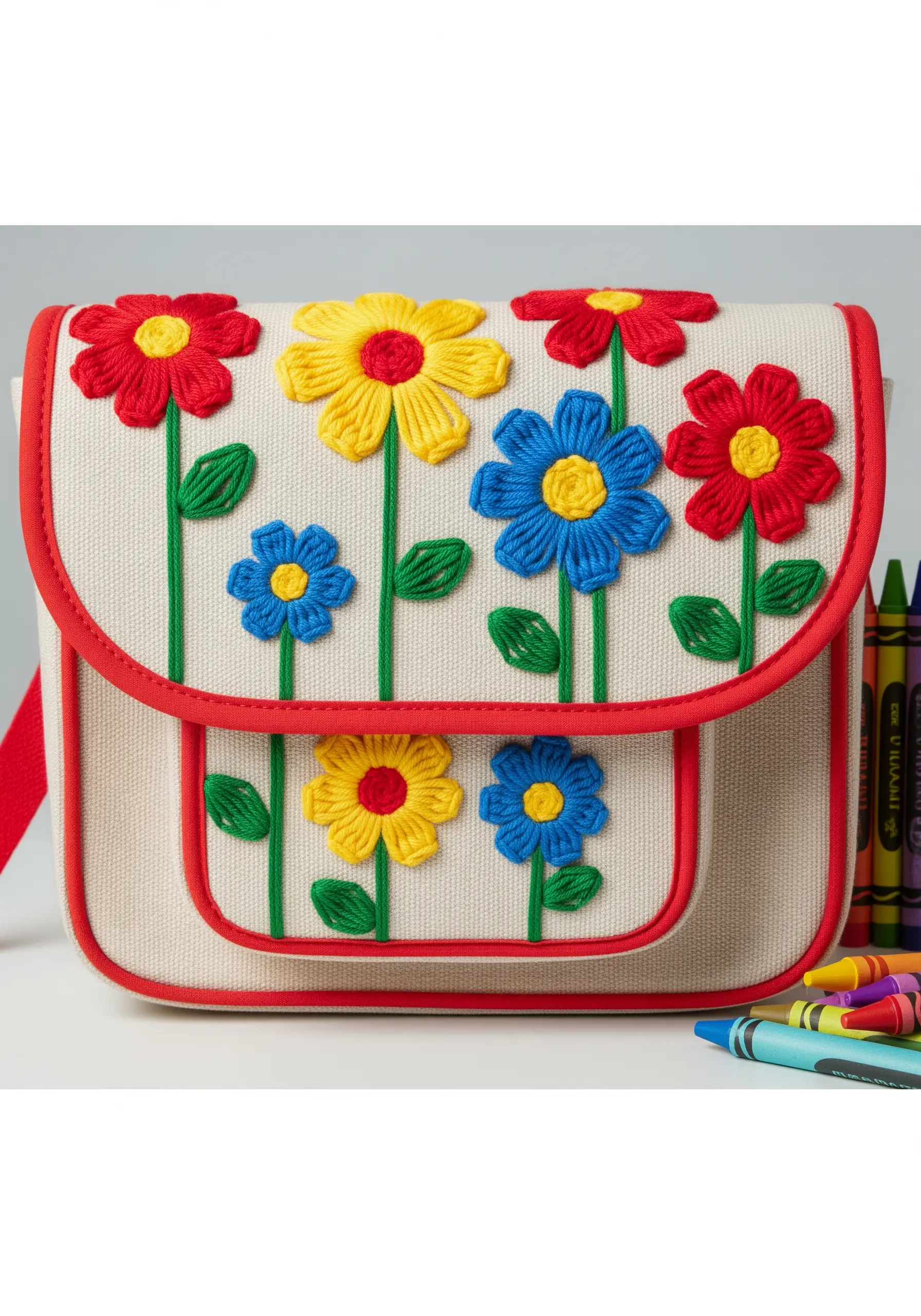 Chunky, primary-colored flowers embroidered with yarn on a child's cream and red crossbody bag.