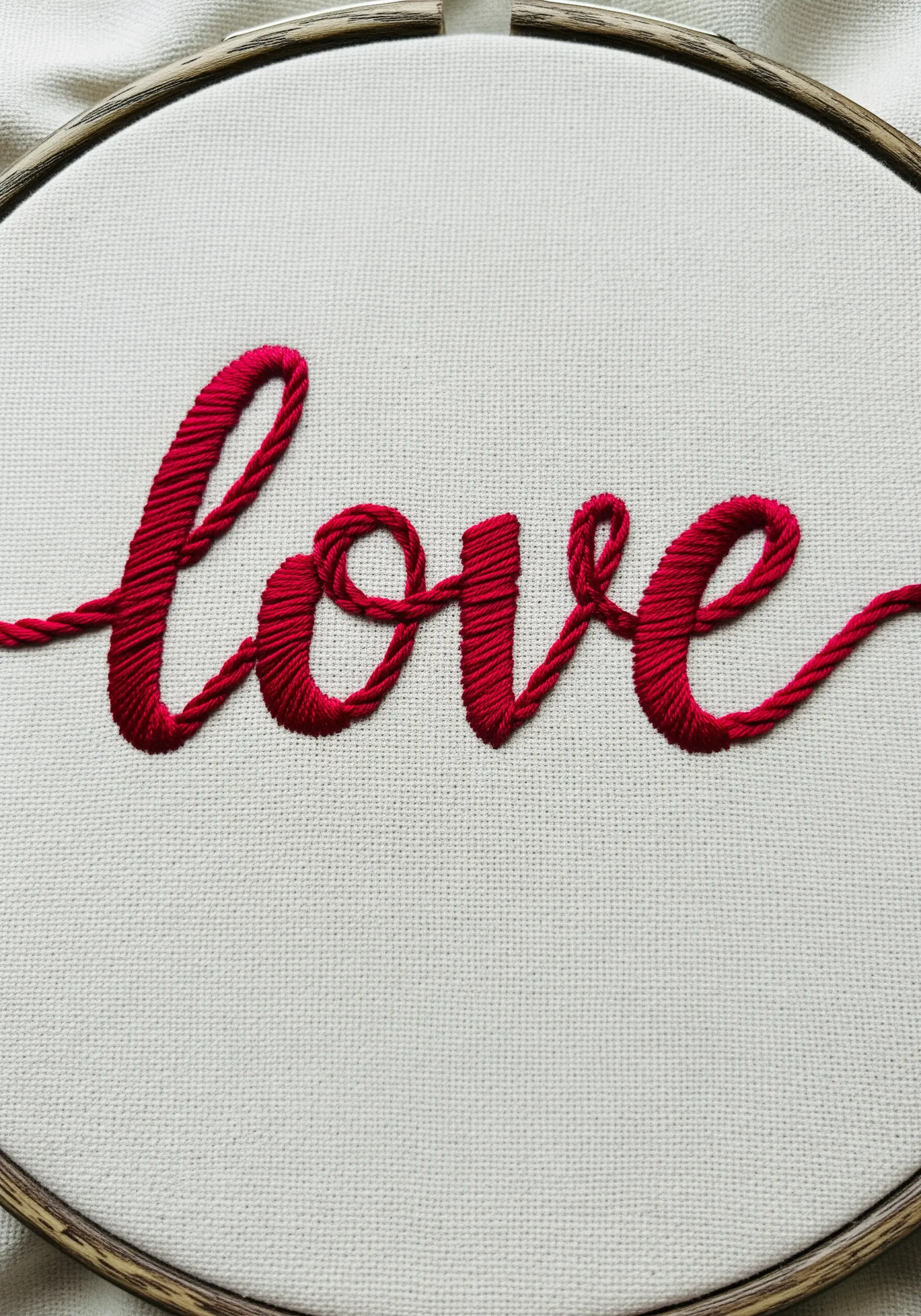 The word 'love' in a smooth, vibrant red satin stitch.