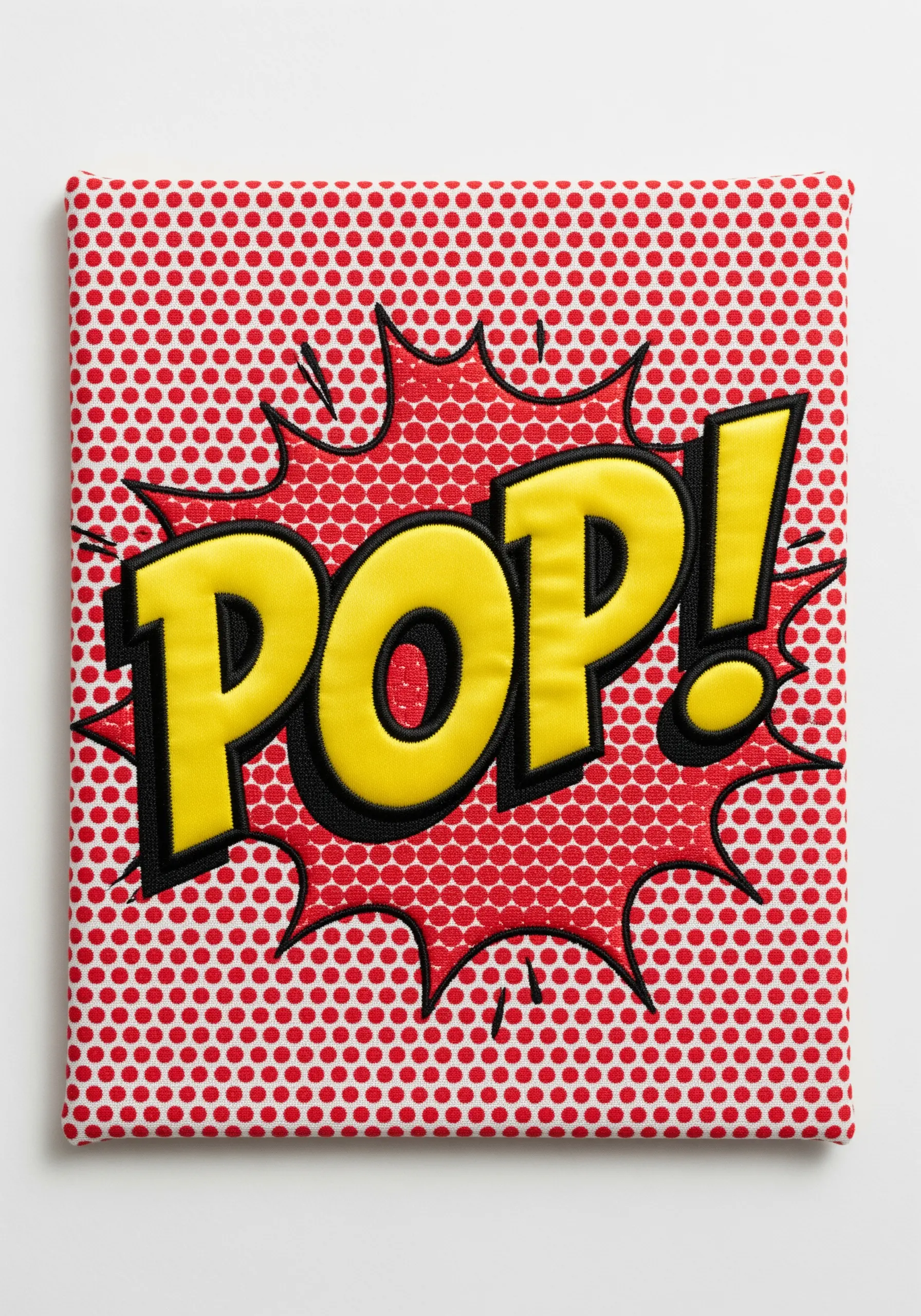 The word “POP!” in a yellow comic book font with appliqué and black outlines.