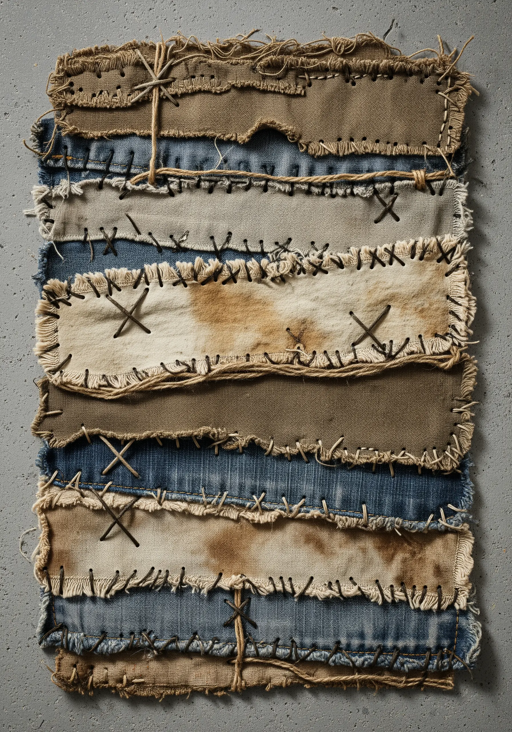 A raw, deconstructed fabric collage with frayed denim and canvas held together with rough twine stitches.