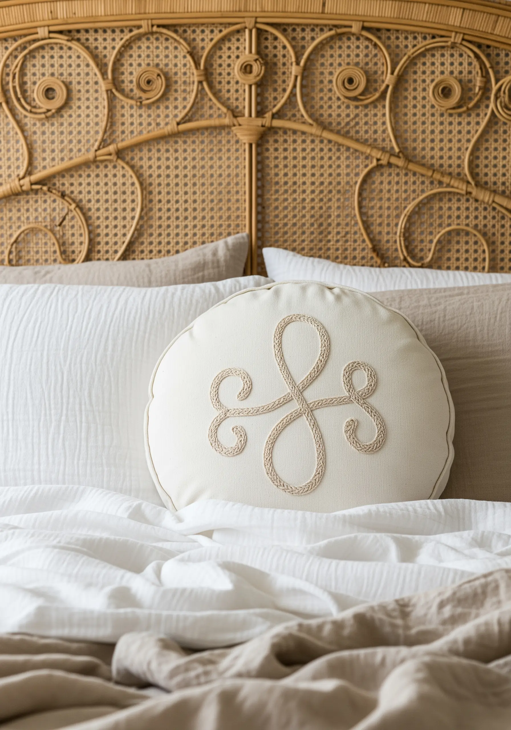 A single initial monogram stitched in a flowing, ropelike chain stitch on a round cushion.