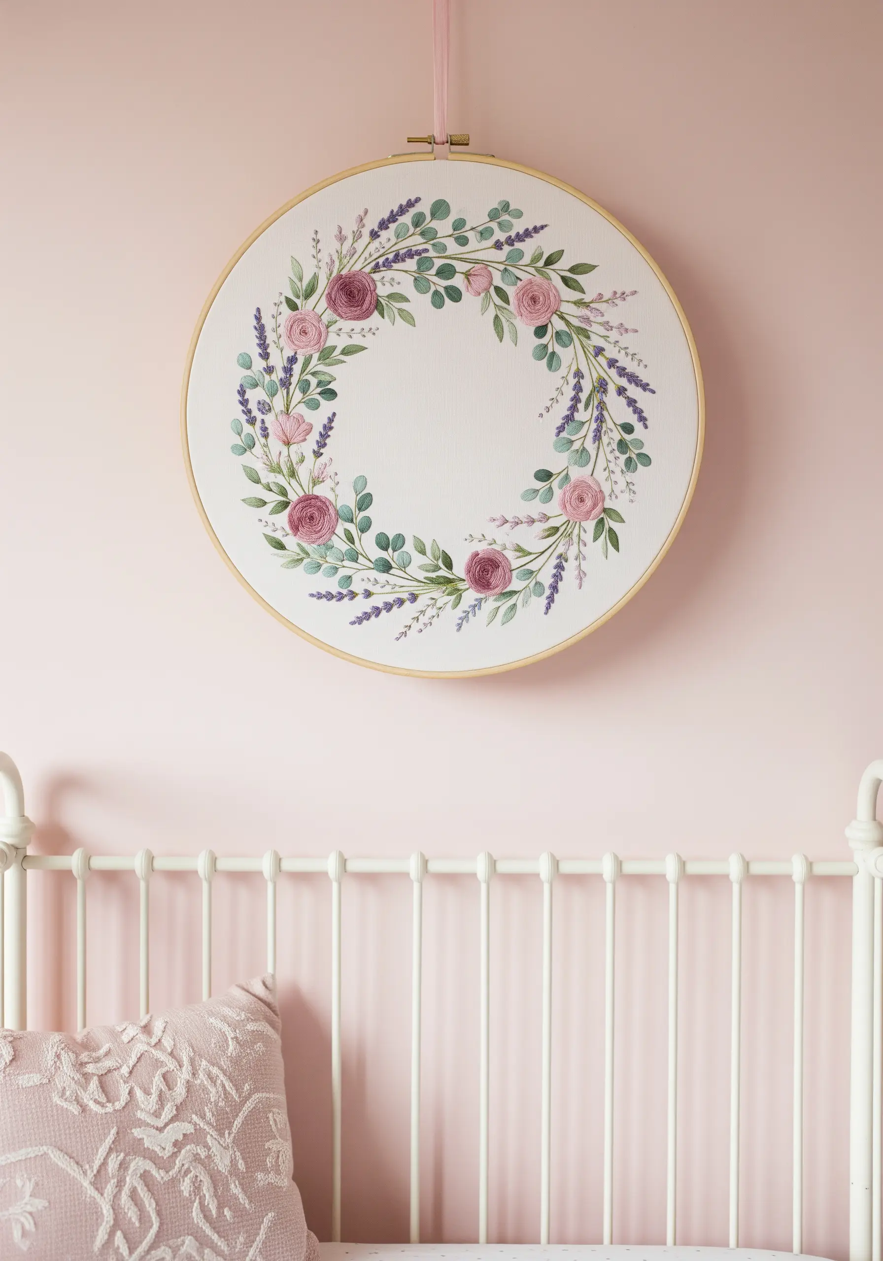 Embroidered floral wreath with roses and lavender in soft pastel colors.